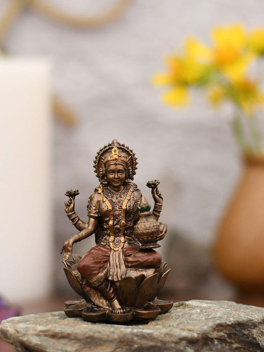 CraftVatika Goddess Lakshmi Bronze Metal Metallic Prayer Room Tiny Showpiece - 3 Inches