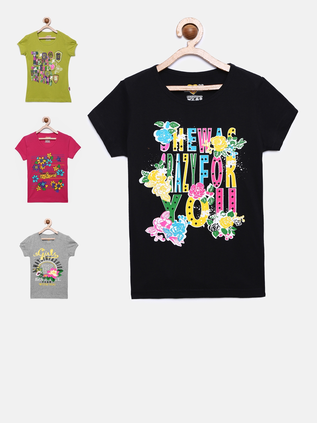 SINI MINI Girls Pack of 4 Multicoloured Printed Round Neck T shirts