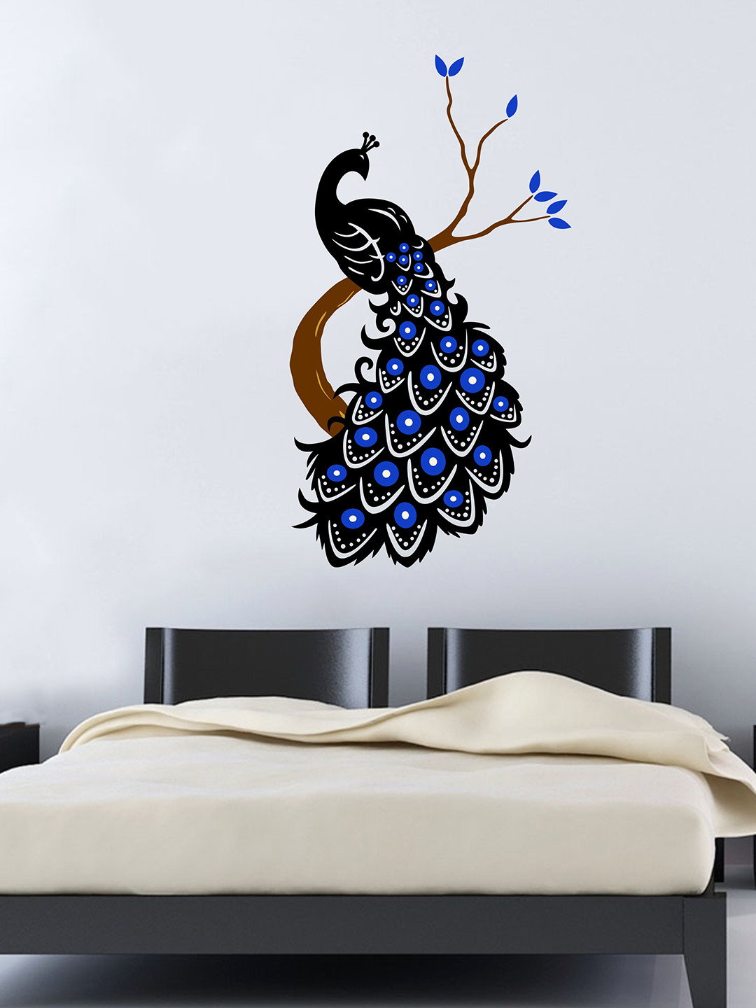 rawpockets Black & Blue Beautiful Peacock on Tree Wall Sticker