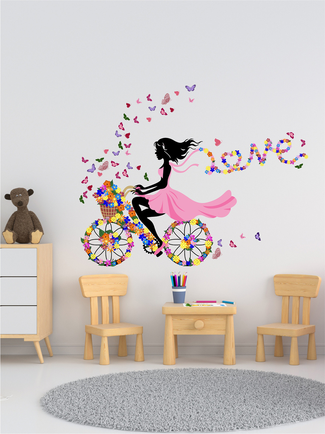 rawpockets Multicoloured Girl with flower and Butterflies PVC Vinyl Wall Sticker