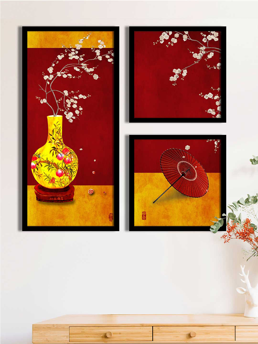 Art Street Beautiful Pot Synthetic Wood 3 Pcs Wall Rectangle Photographs Wall Art