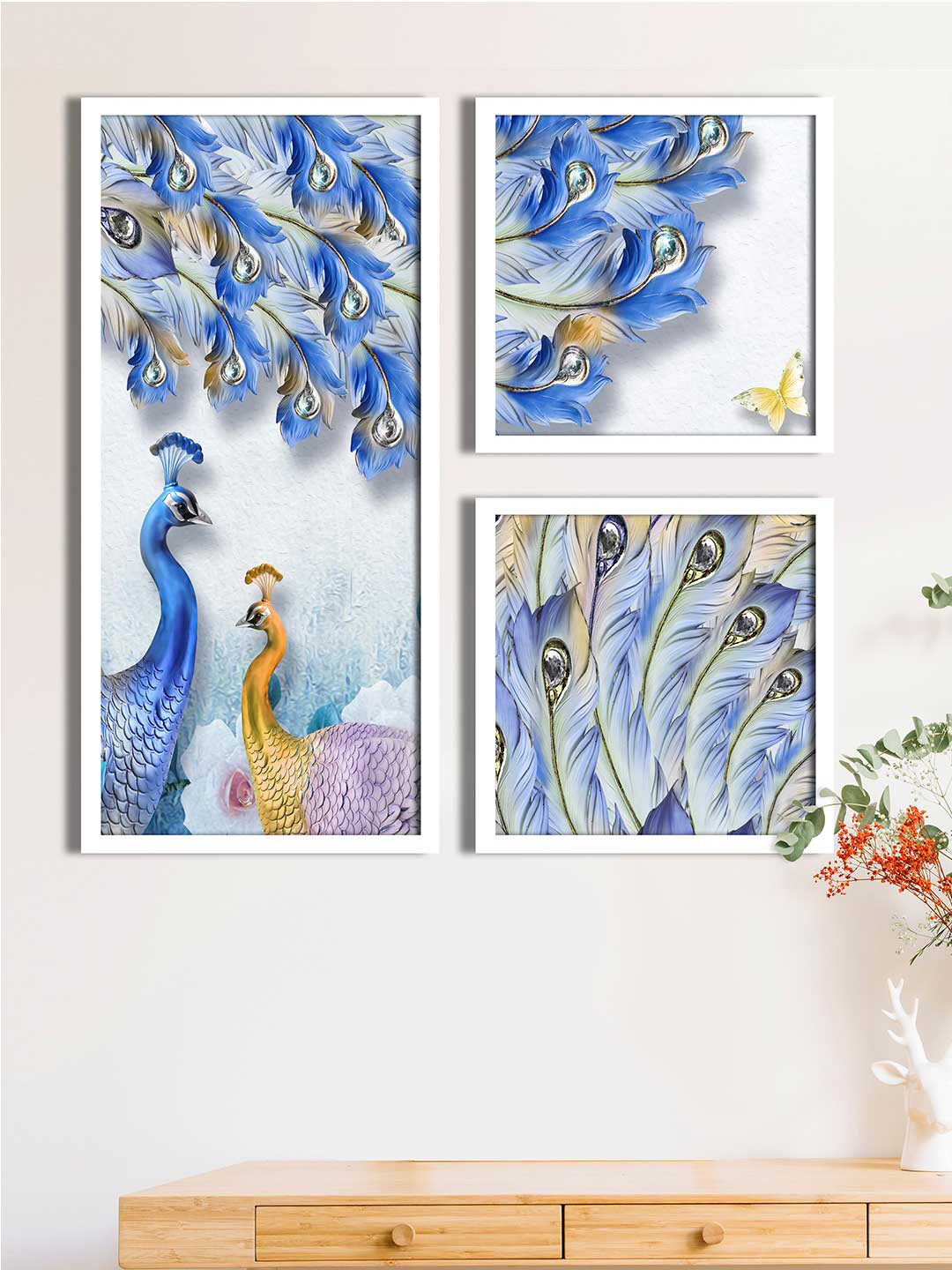 Art Street Set Of 3 Blue & White Peacock Printed Wall Art