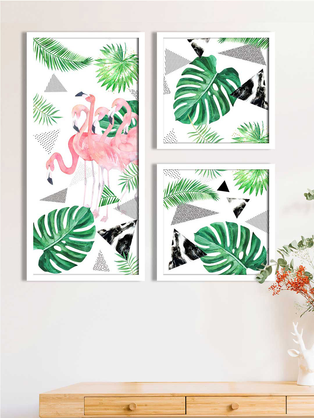 Art Street Set Of 3 Pink & Green Flamingos Printed Framed Wall Art