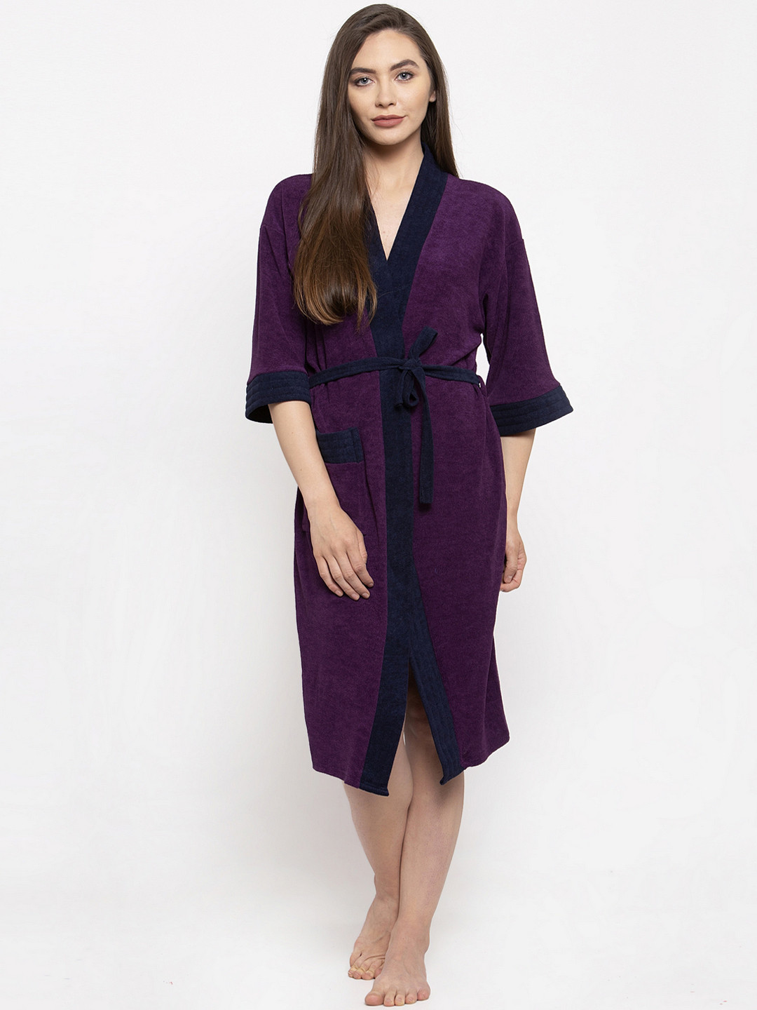 ELEVANTO Bathstories Purple Solid Terrycloth Drawstring Knee Length Bath Robe