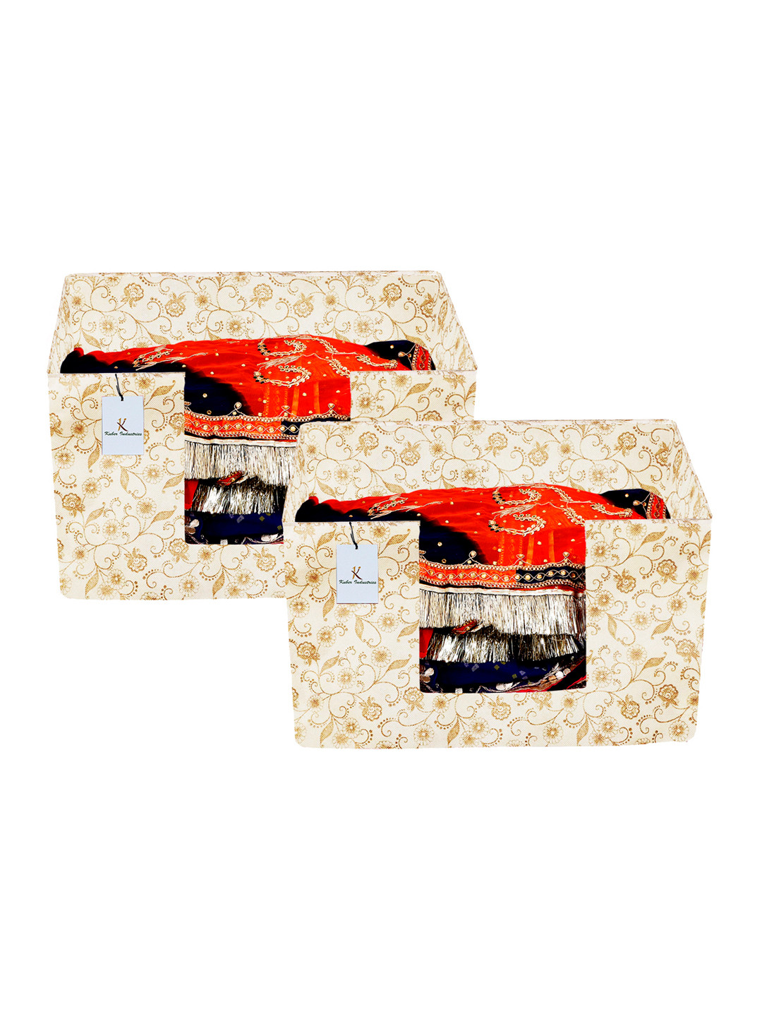 Kuber Industries Unisex Set Of 2 Brown & Beige Metallic Print Saree Stacker Organisers