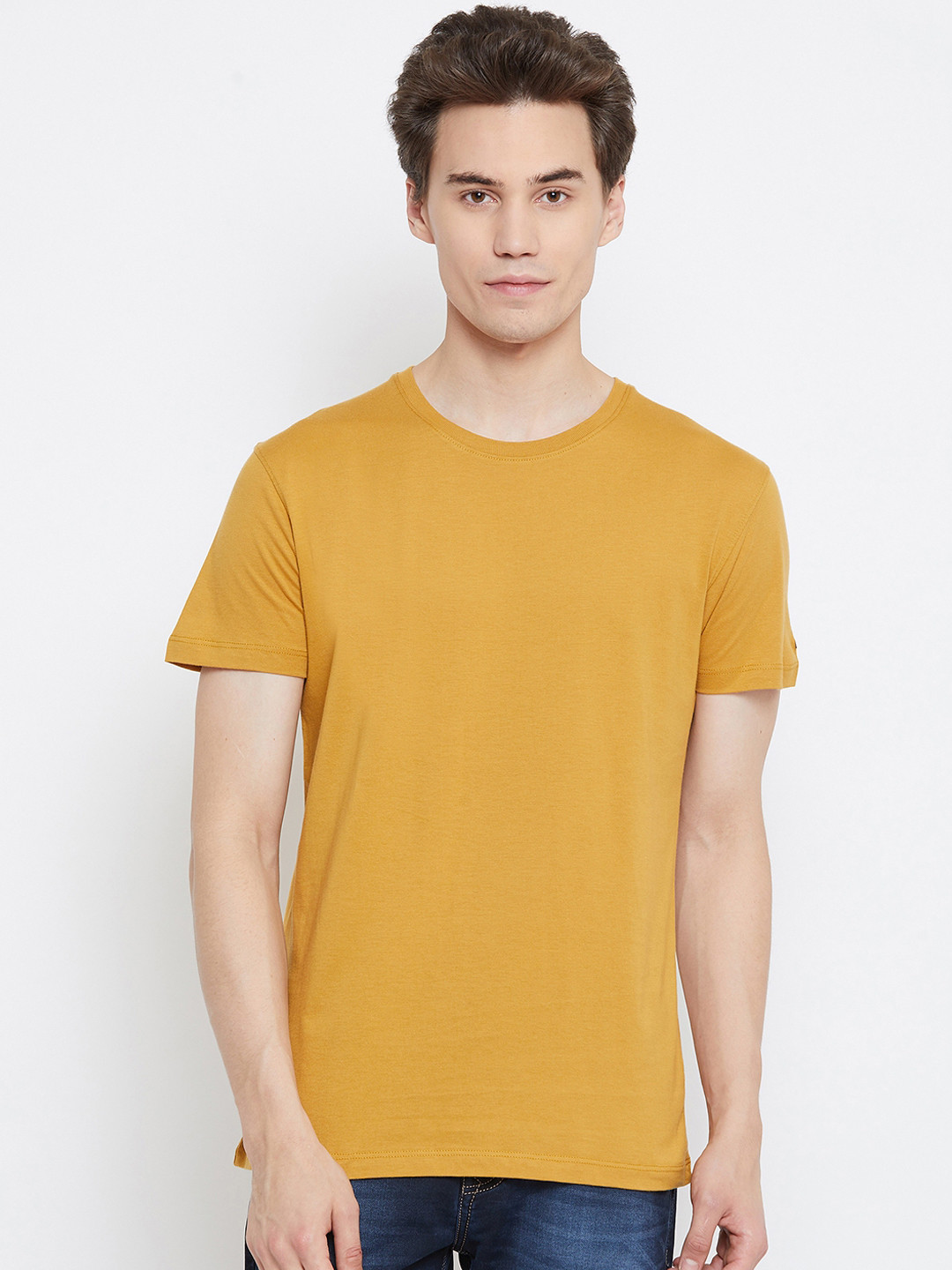 Octave Men Mustard Solid Round Neck T-shirt