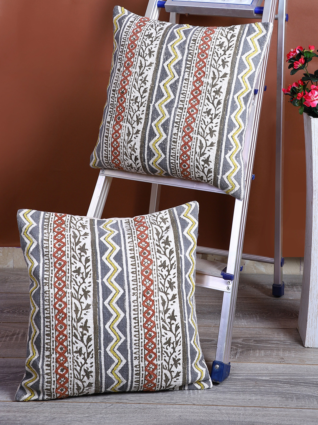 eyda Cream-Coloured & Green Set of 2 Hand Block Printed Square Cushion Covers