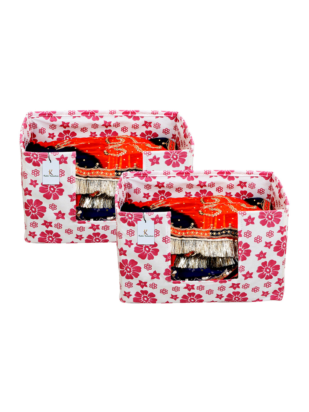 Kuber Industries Unisex Set Of 2 Pink & White Flowers Print Saree Stacker Organisers