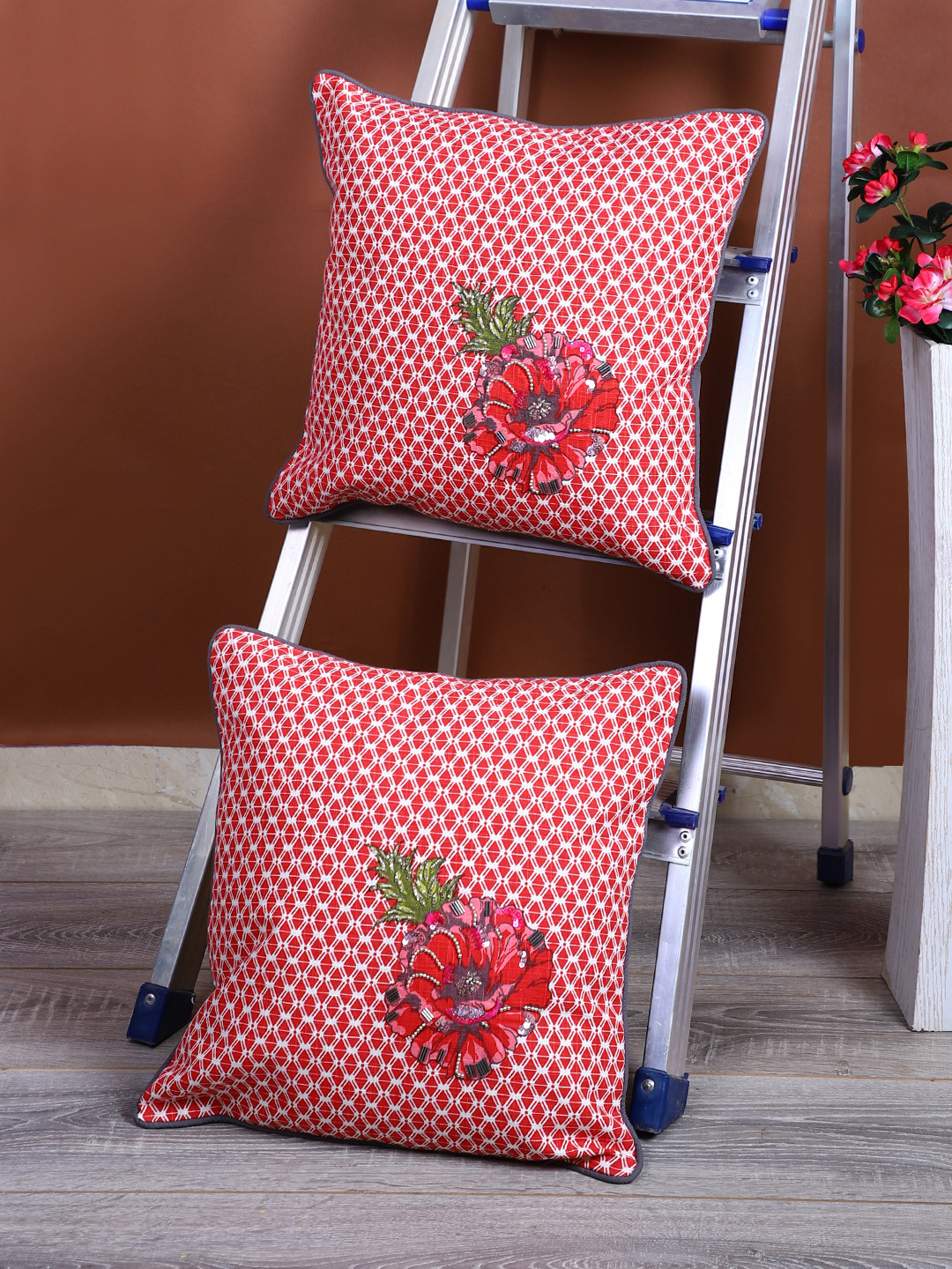 eyda Red & White Set of 2 Embellished Square Cushion Covers