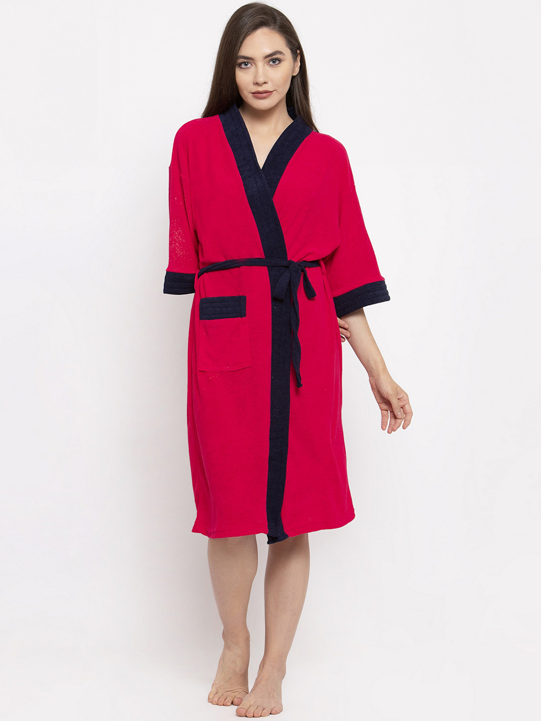 ELEVANTO Bathstories Pink Solid Terrycloth Drawstring Knee Length Bath Robe