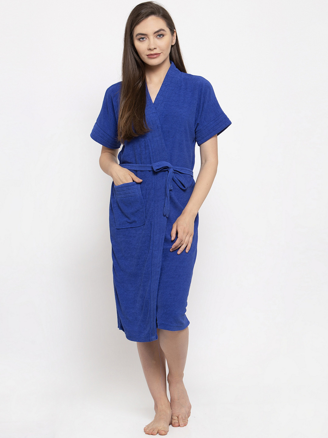 ELEVANTO Bathmusic Blue Solid Terrycloth Drawstring Knee Length Bath Robe