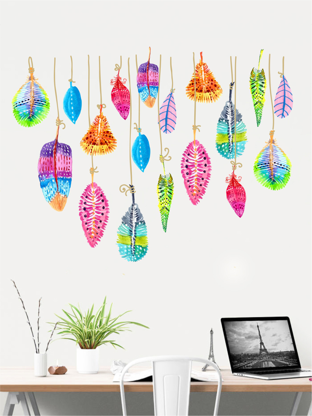 rawpockets Multicolour Printed Feathers PVC Wall Sticker