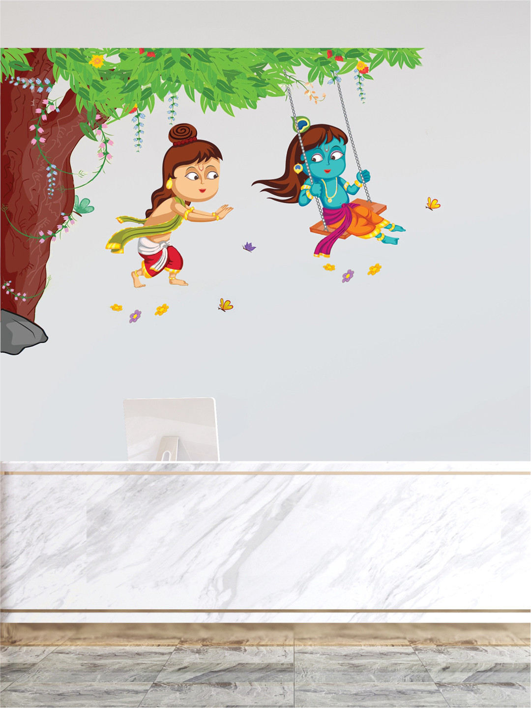 rawpockets Multicoloured Lord Krishna Playing Swing under Tree PVC Vinyl Wall Sticker