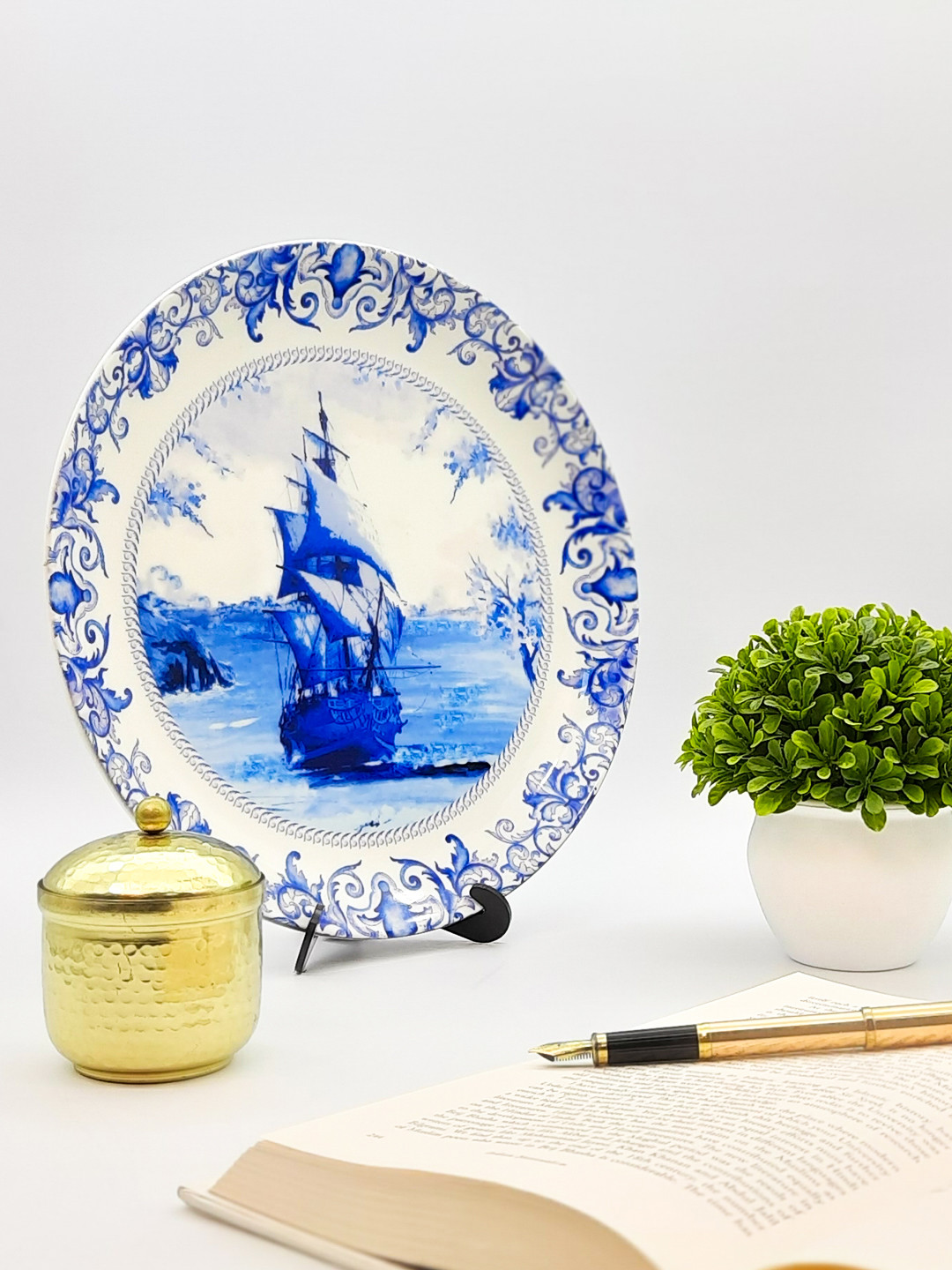 KOLOROBIA DUTCH BLUE POTTERY SHIP Bone China Coastal Escape Glossy Hall Wall Plates-10In