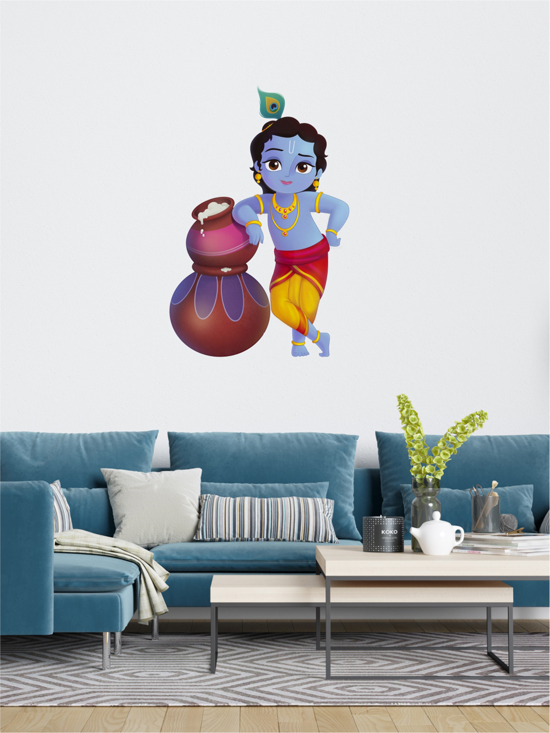 rawpockets Blue & Brown Lord Krishna & Butter Pots Wall Sticker