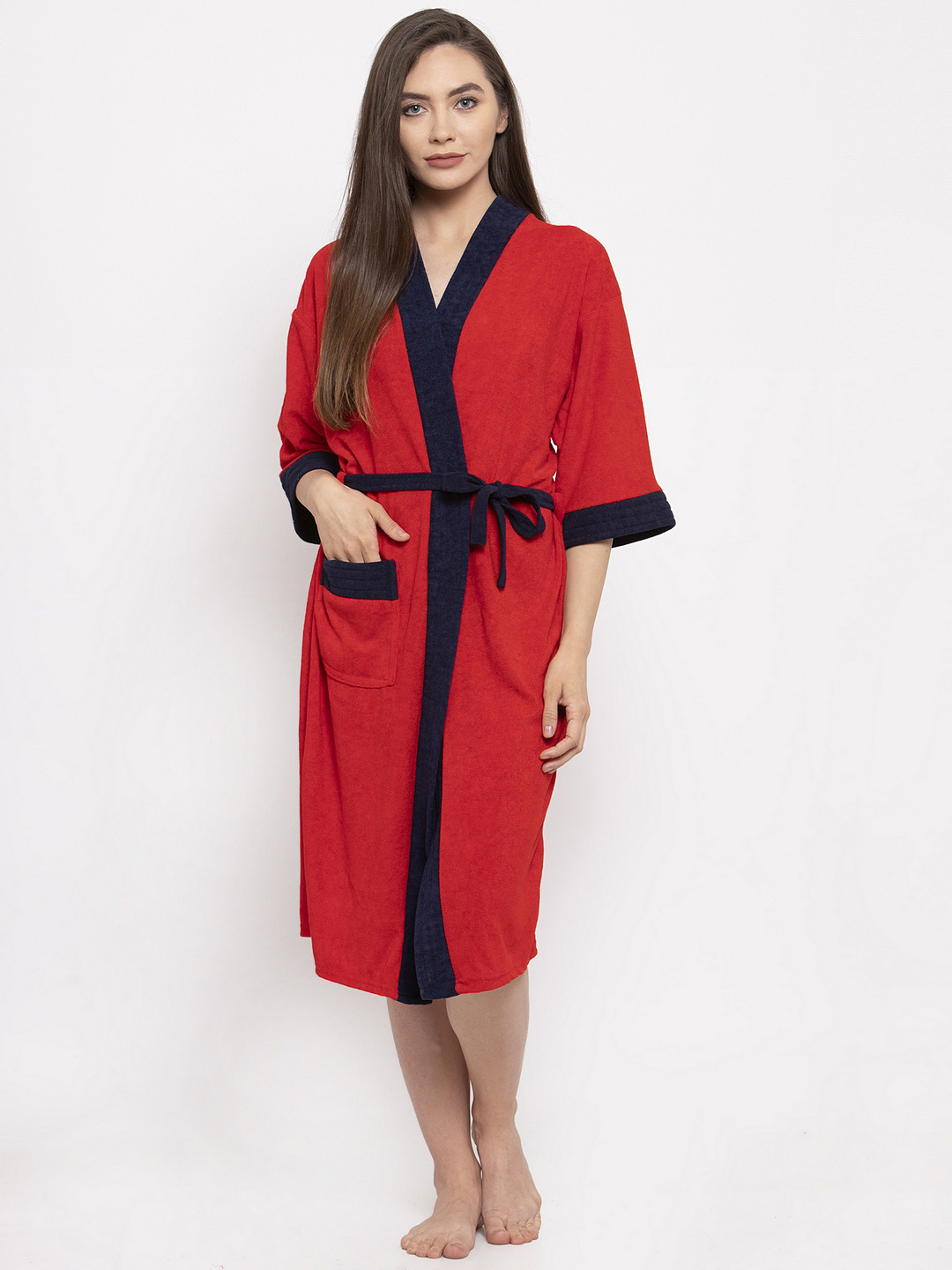 ELEVANTO Bathstories Red Solid Terrycloth Drawstring Knee Length Bath Robe