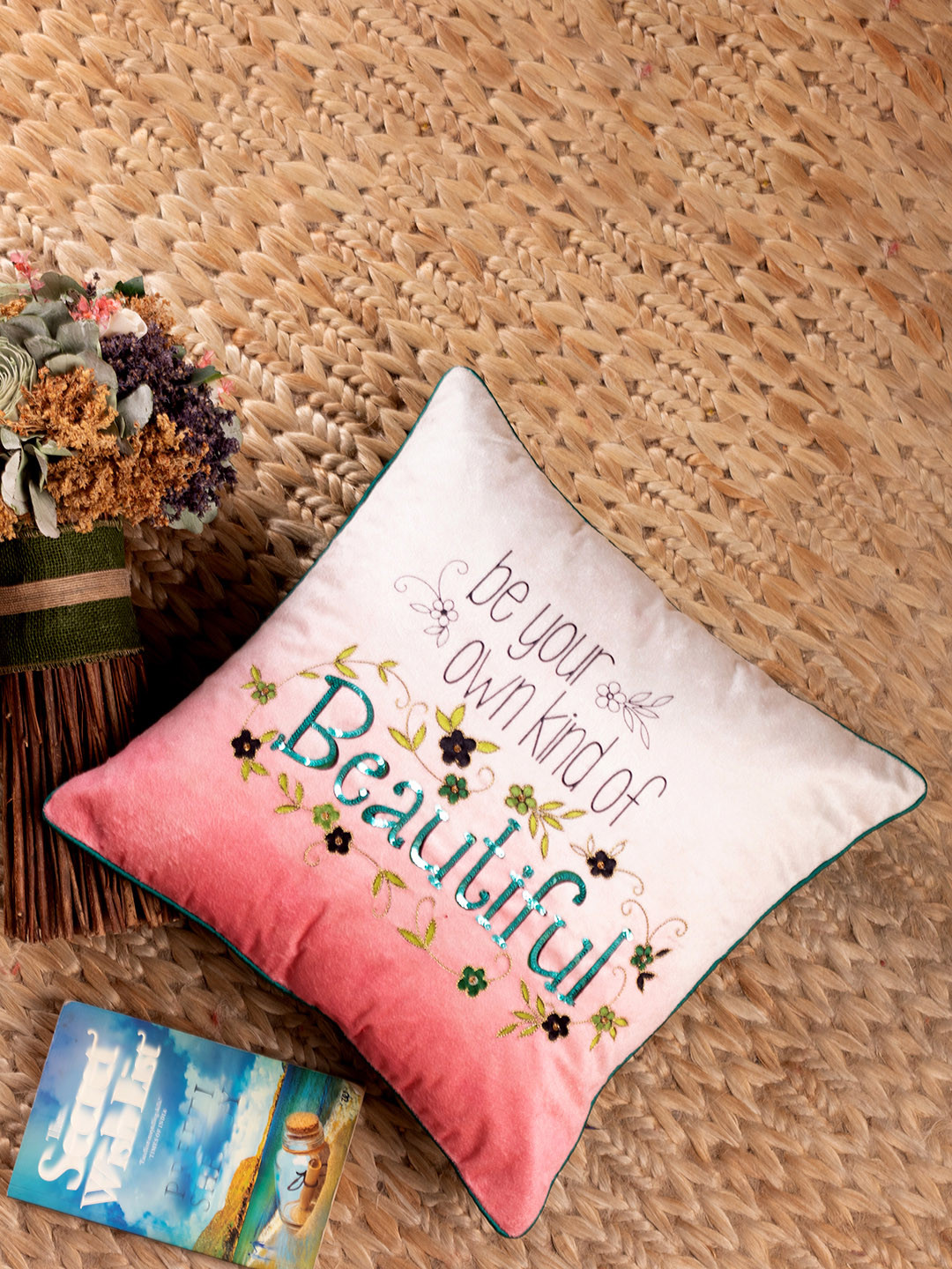 NISRAG HOME Pink & Green Single Embellished Square Velvet Cushion Cover