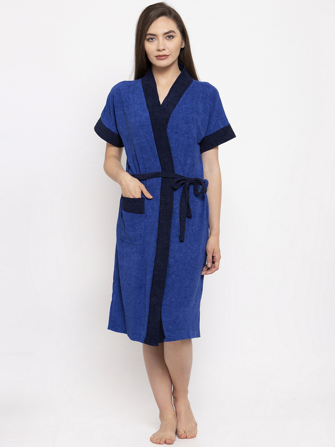 ELEVANTO Bathmusic Blue Solid Terrycloth Drawstring Knee Length Bath Robe