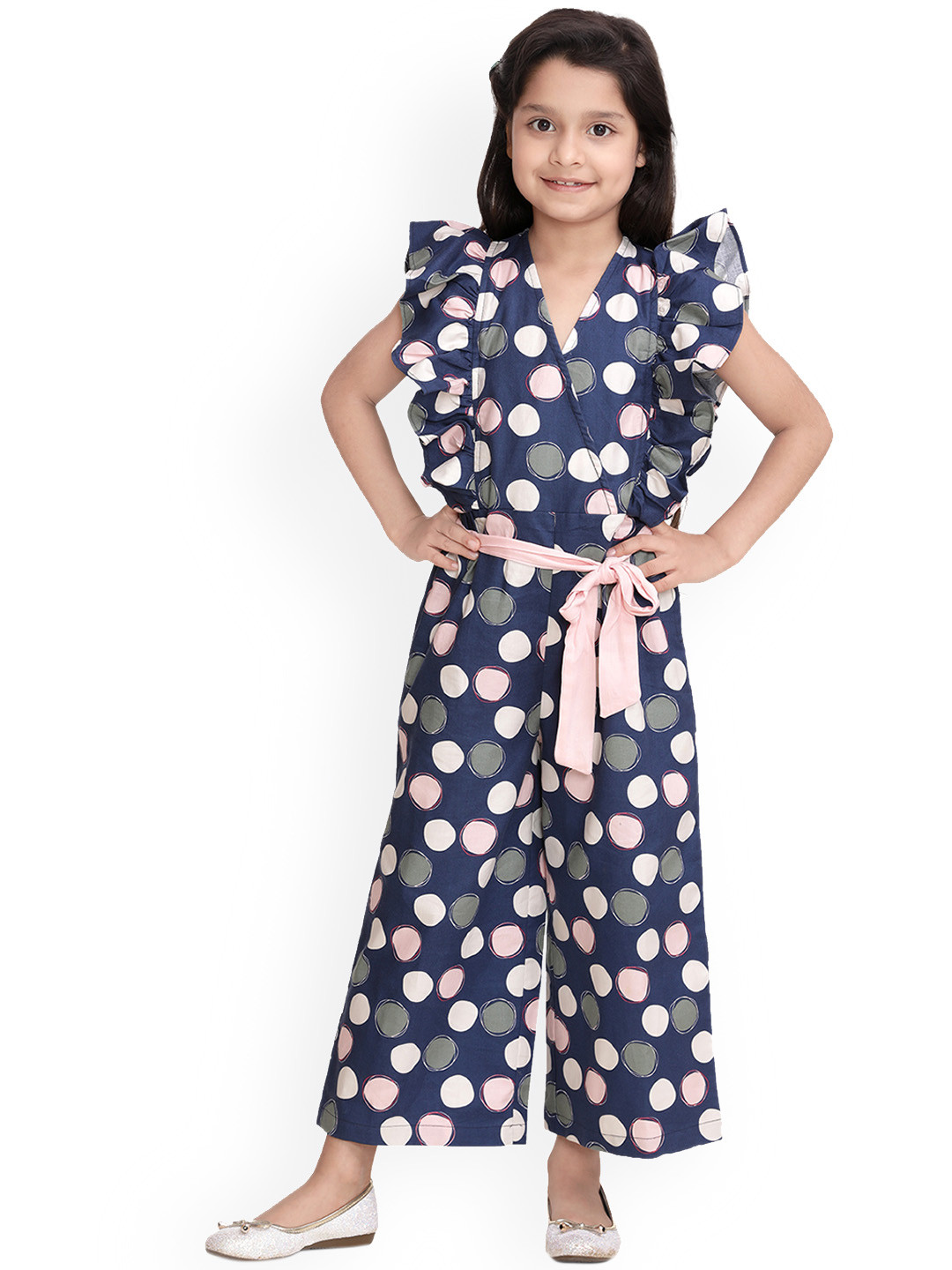StyleStone Girls Navy Blue & Pink Printed Basic Jumpsuit