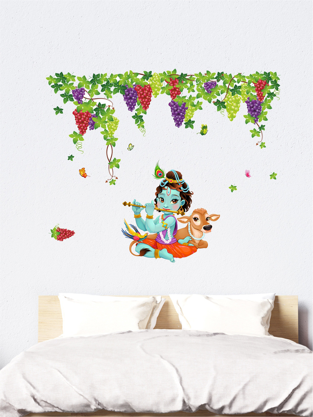 rawpockets Green & Blue Lord Krishna Playing Flute under Grapes Garden Wall Stickers