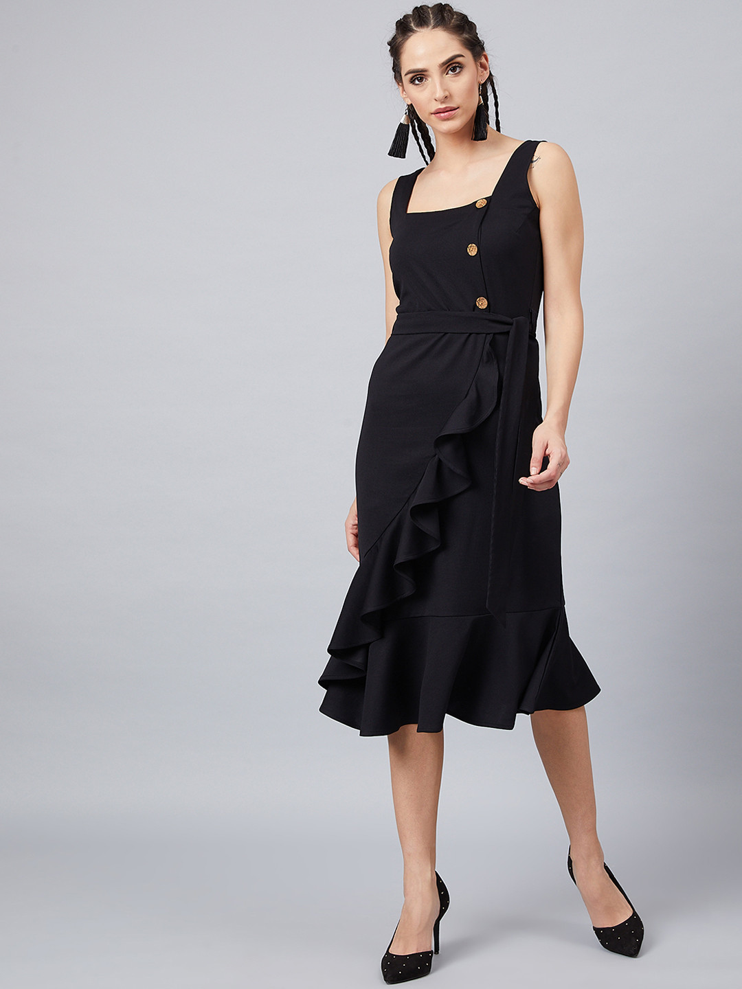 Athena Women Black Solid Fit and Flare Dress