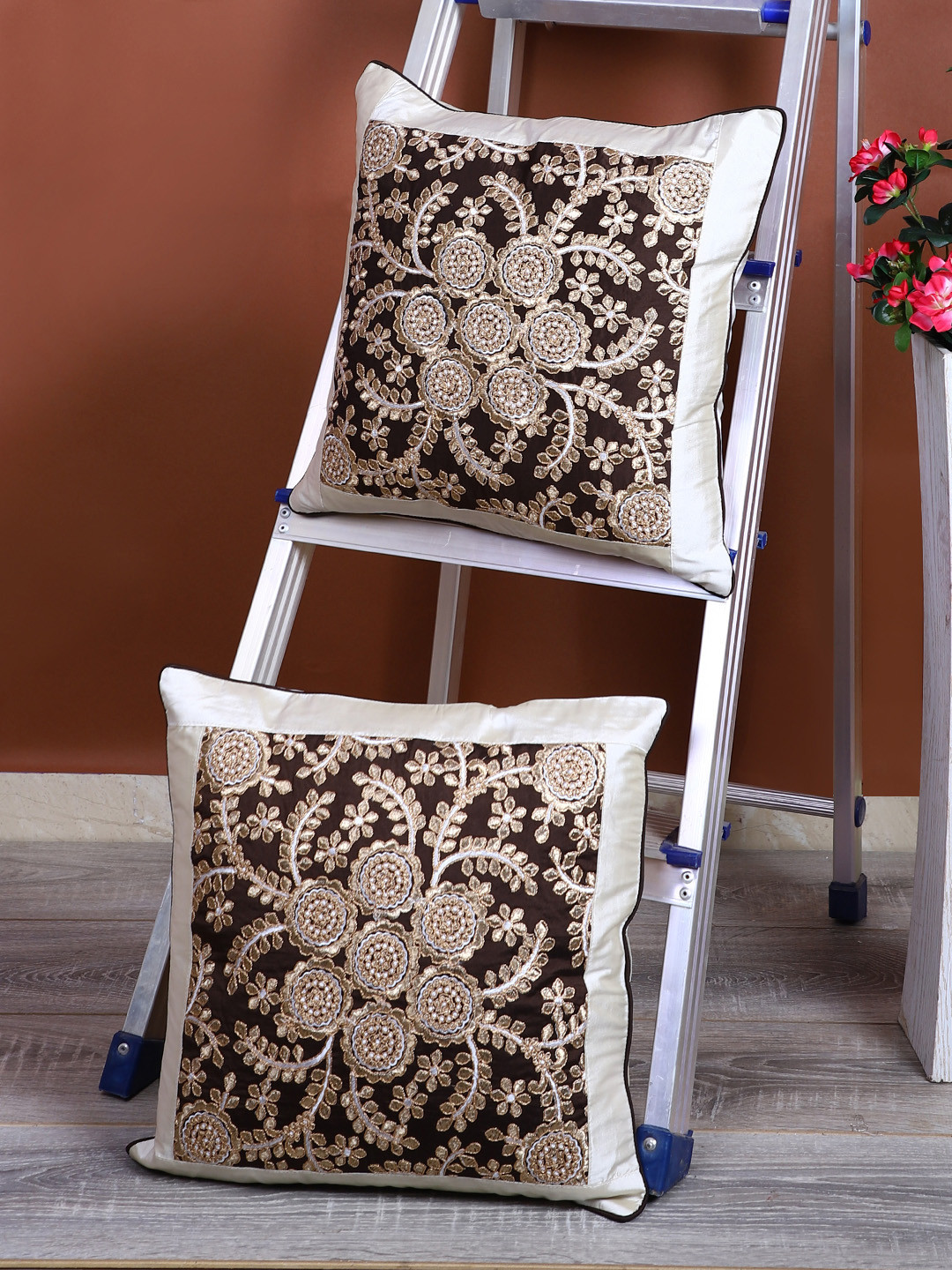 eyda Off-White & Coffee Brown Set of 2 Embroidered Square Cushion Covers