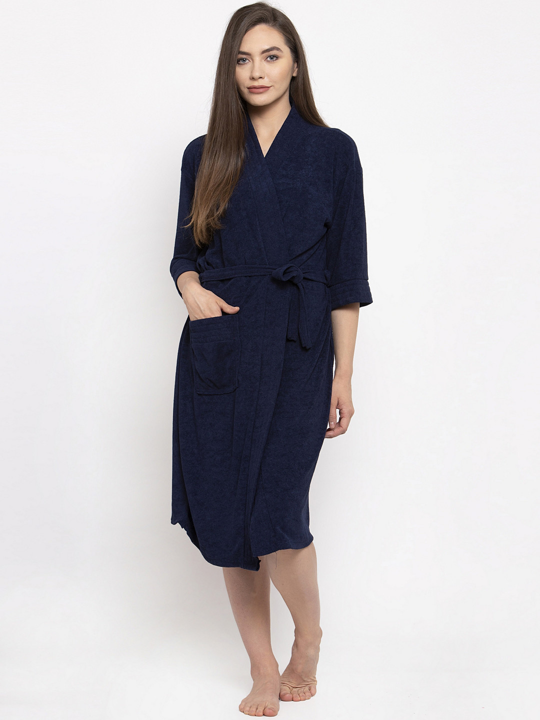 ELEVANTO Women Navy Blue Solid Bath Robe