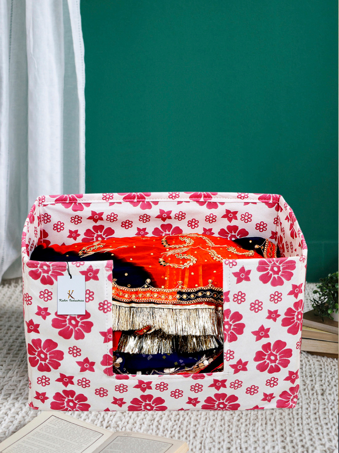 Kuber Industries Unisex Pink & White Flowers Printed Saree Stacker Organiser