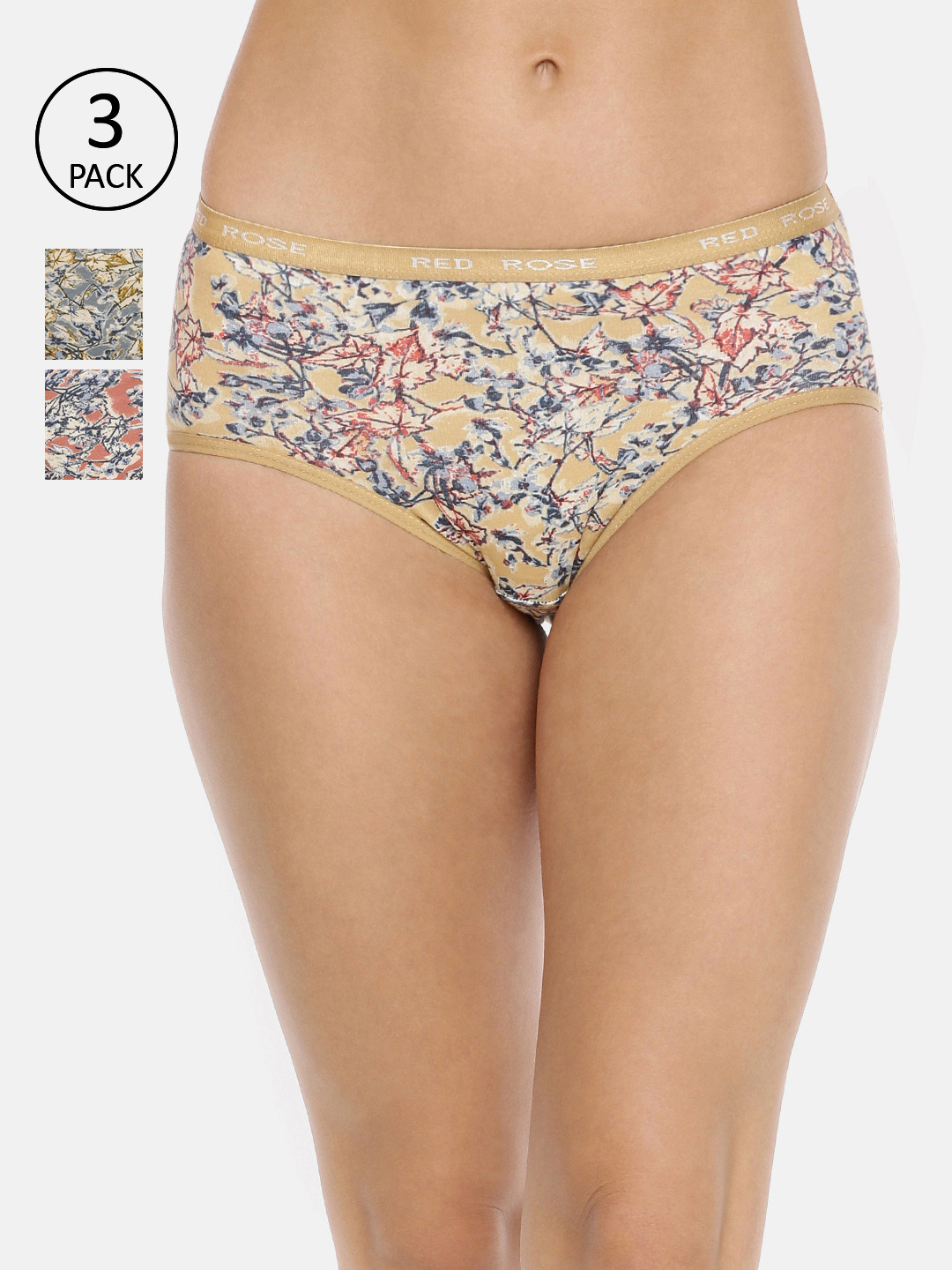 Red Rose Women Pack of 3 Assorted Hipster Briefs FlowerNX-M