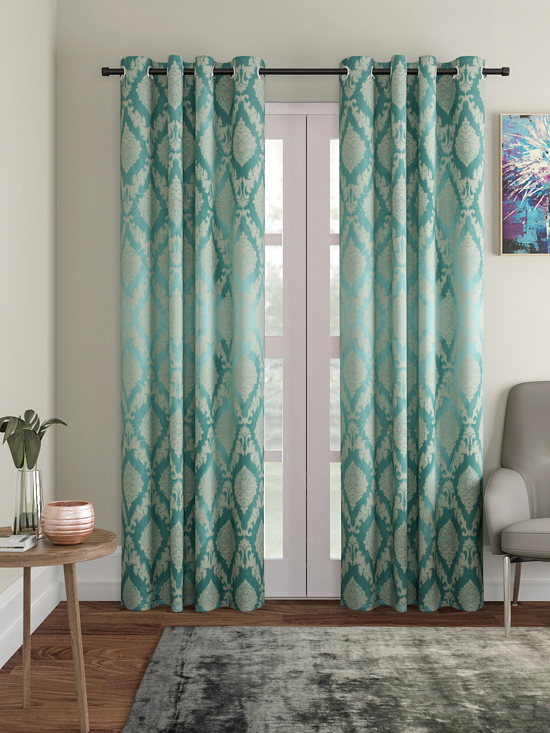 Soumya Turquoise Blue & Beige Single Room Darkening Long Door Curtain