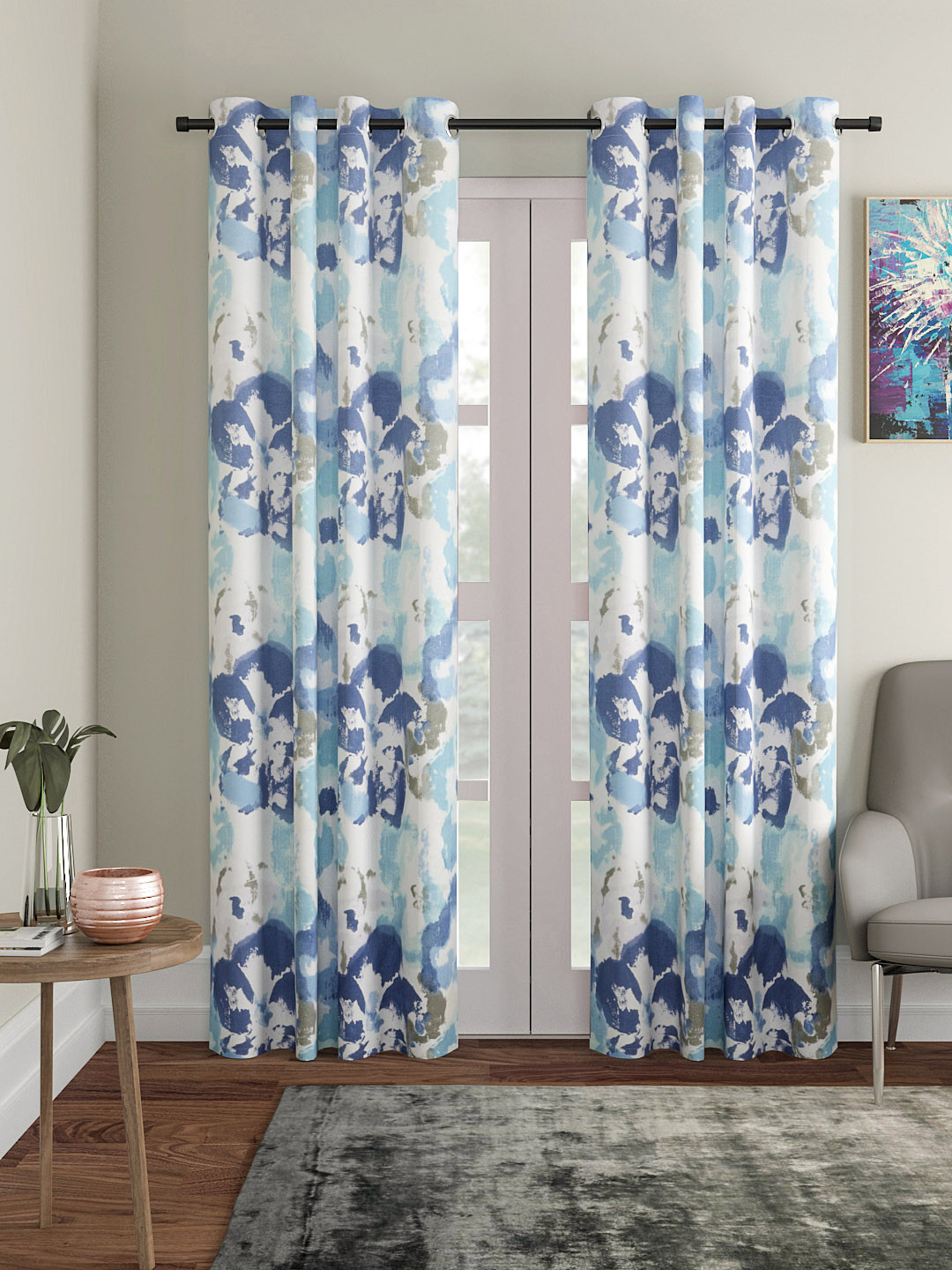 Soumya Blue & White Printed Room Darkening Door Curtain
