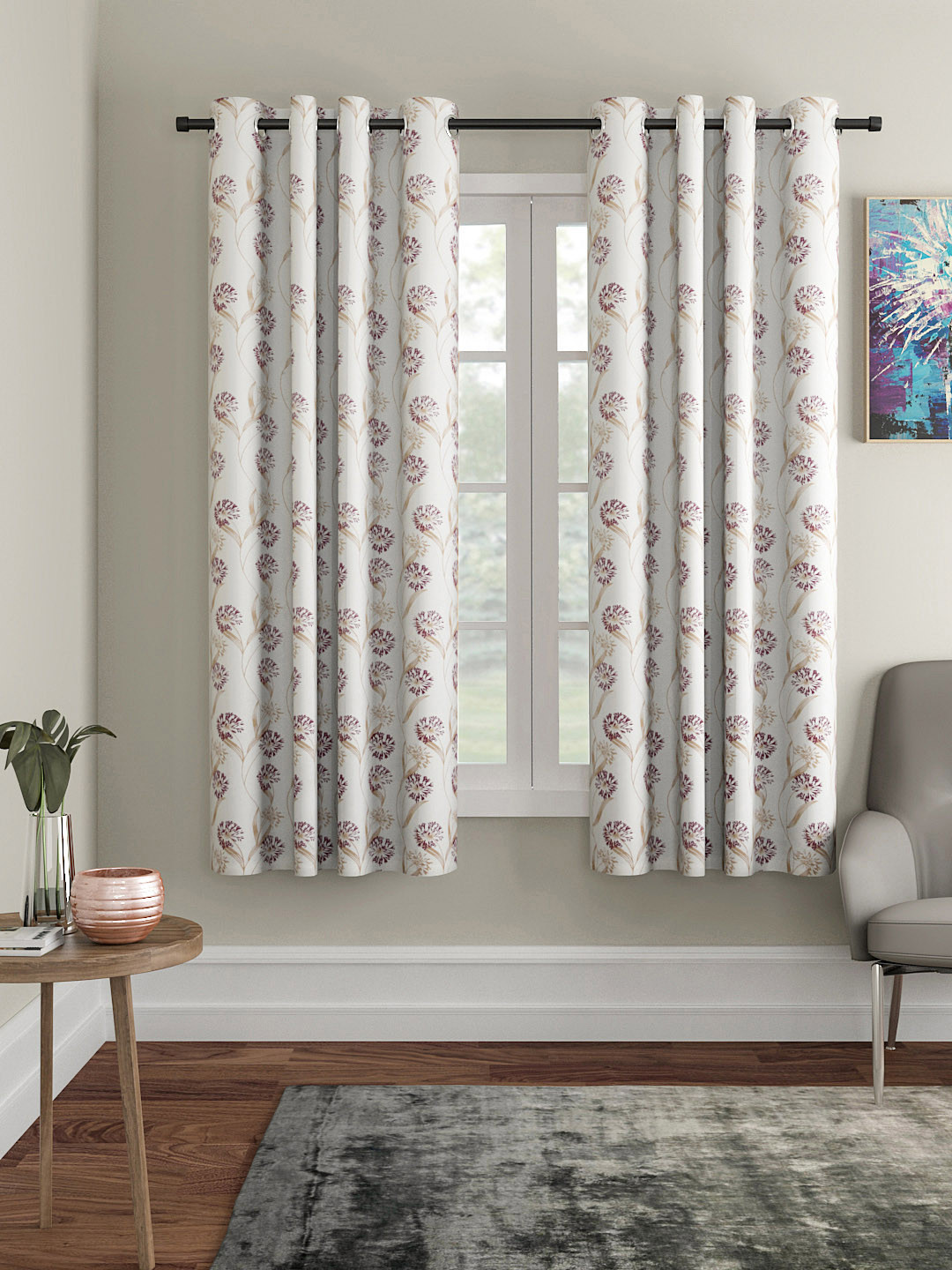 Soumya White & Purple Single Room Darkening Window Curtain