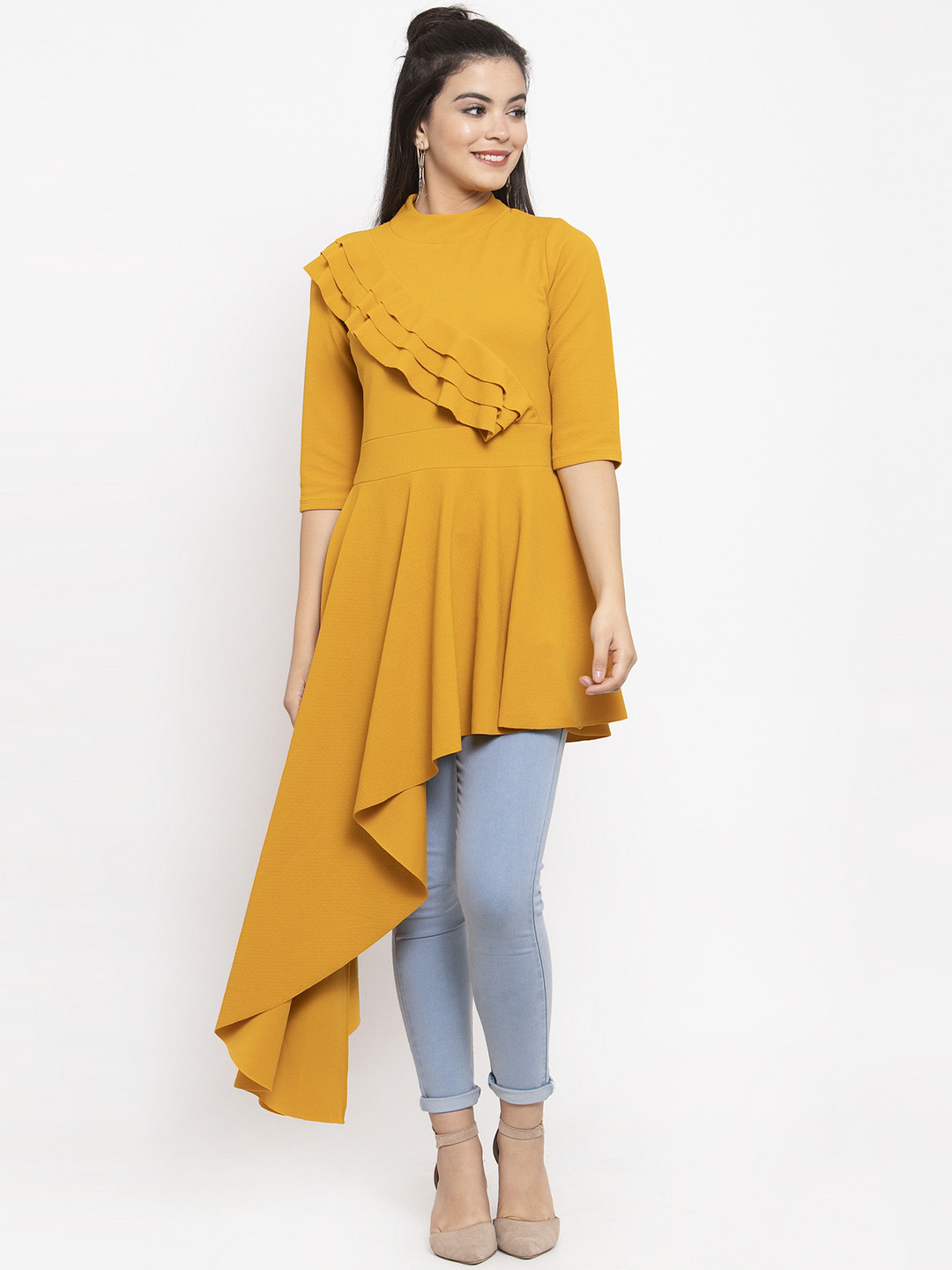 KASSUALLY Mustard Yellow Ruffles High-Low Longline Top