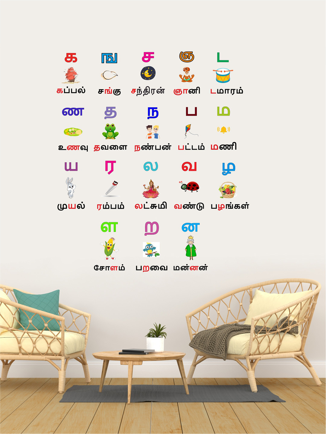 rawpockets White And Green Tamil Alphabets Printed Uyir Mei Eluthukal Wall Stickers