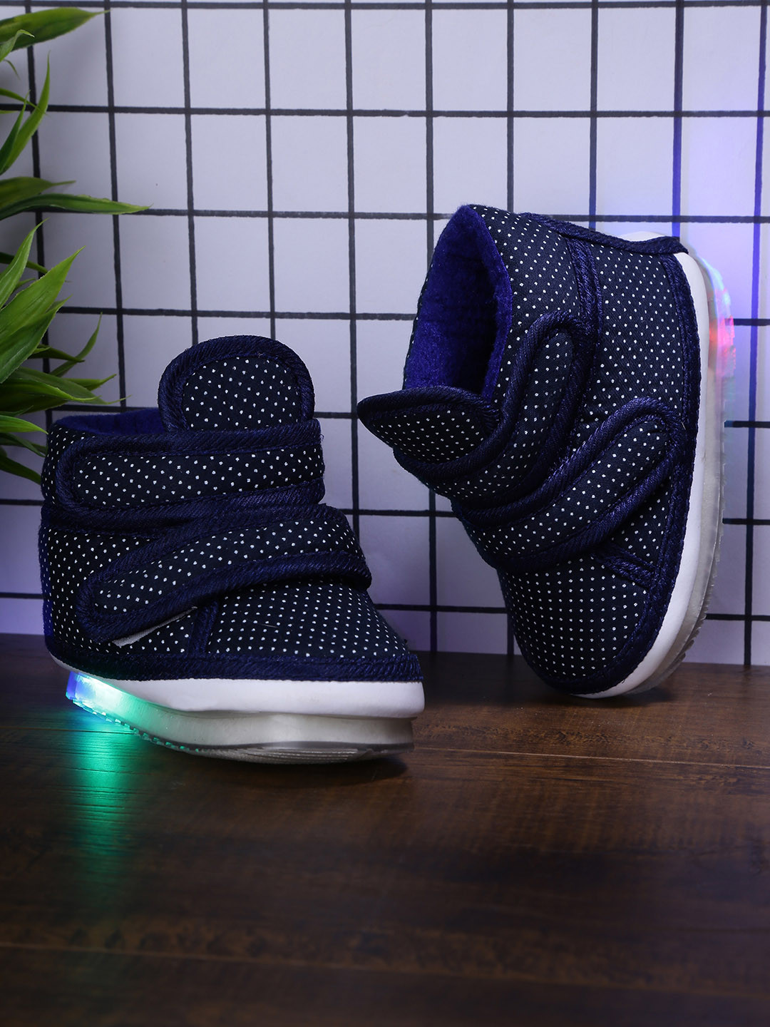 CHiU Kids Navy Blue Printed Textile Mid-Top Slip-On Sneakers With LED