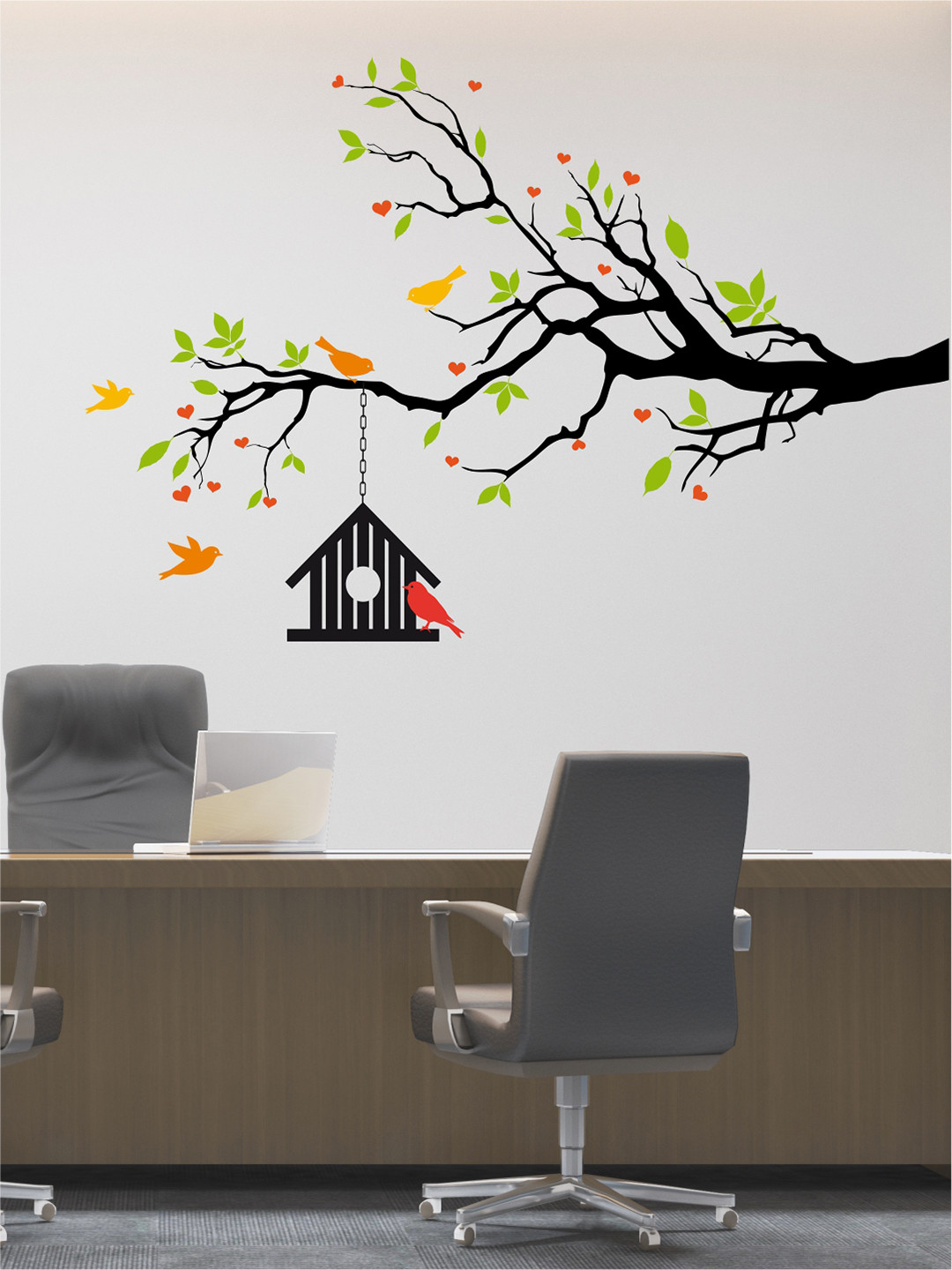 rawpockets Multicoloured Heart-in Flower Tree With Bird Cage Decor Wall Stickers