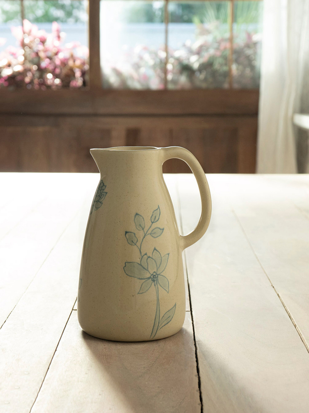 ellementry Beige & Green Printed Fiore Ceramic Jug