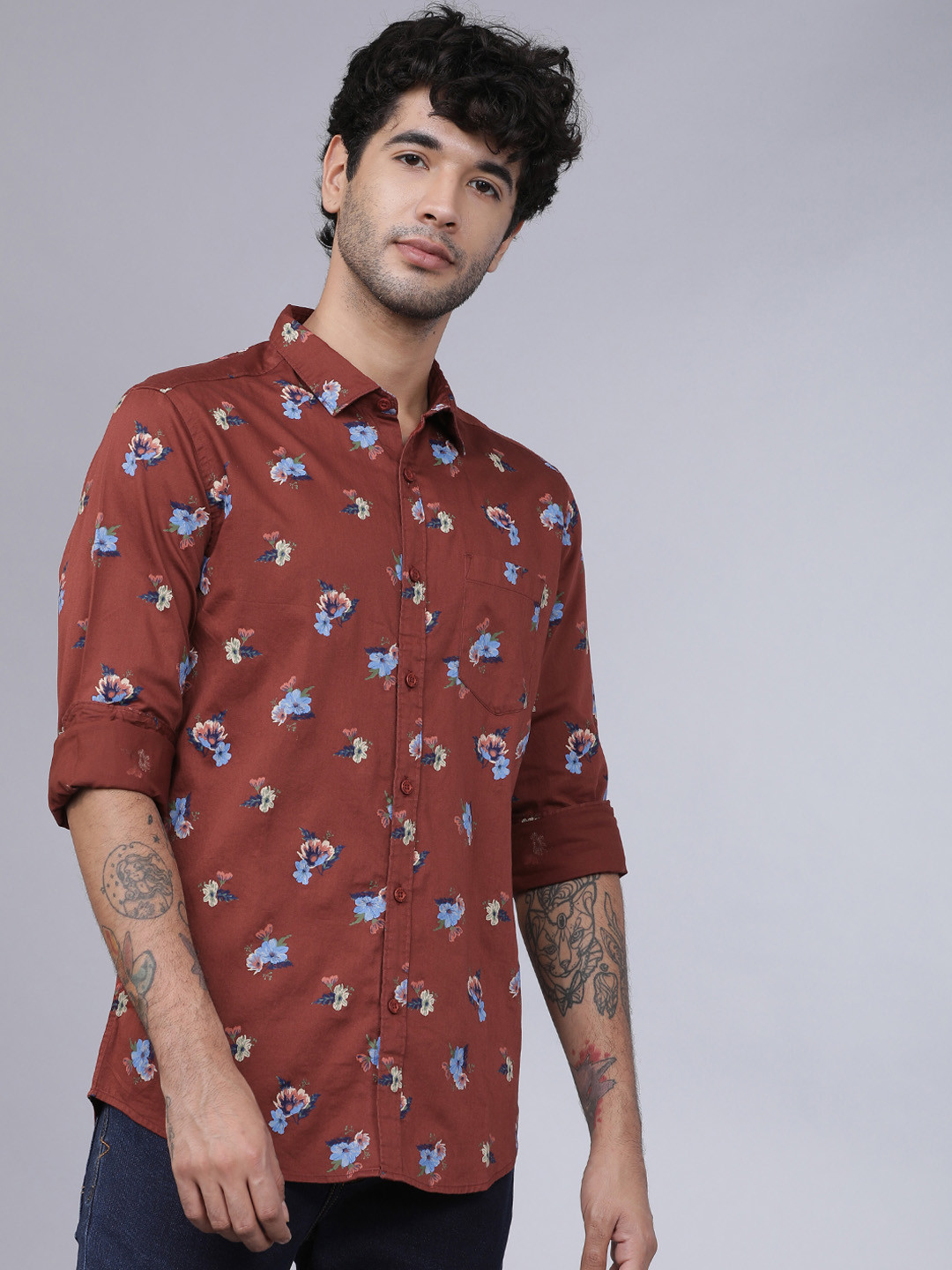 HIGHLANDER Men Rust Slim Fit Floral Printed Casual Shirt