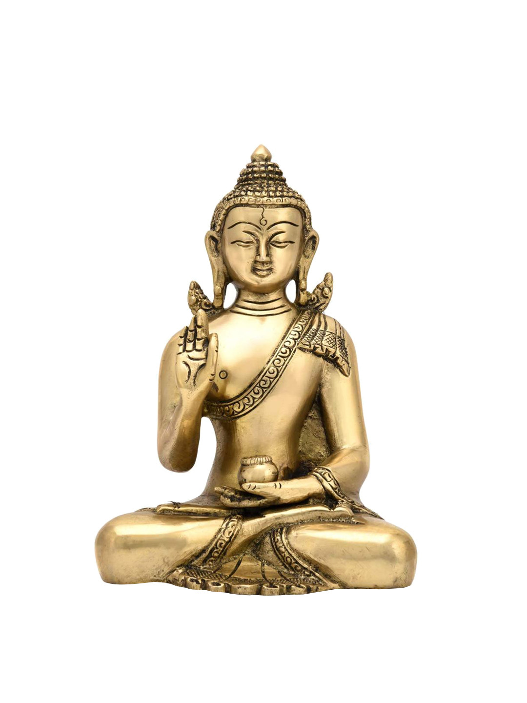 CraftVatika Blessing Buddha with Sacred Kalash Gold Brass Metallic Living Room Small Showpiece - 8 Inches