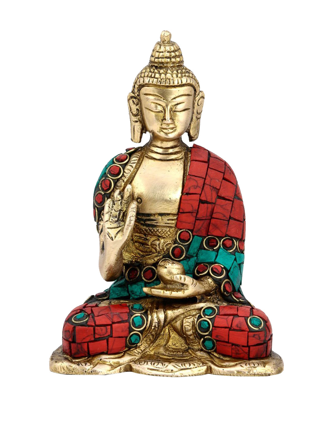 CraftVatika Earth Toching Sitting Tibet Buddha Gold Brass Metallic Prayer Room Small Showpiece - 5 Inches