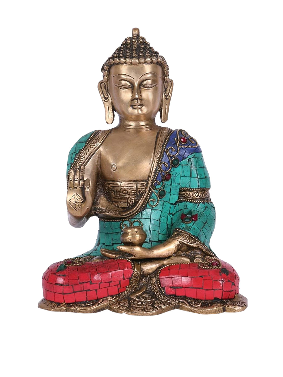 CraftVatika Blessing Abhaya Buddha Gold Brass Metallic Prayer Room Medium Showpiece - 9.5 Inches