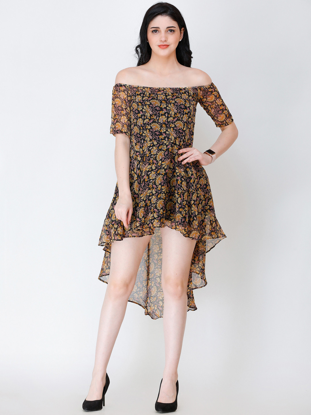 SCORPIUS Women Black & Brown Floral Printed Off-Shoulder Mini Dress