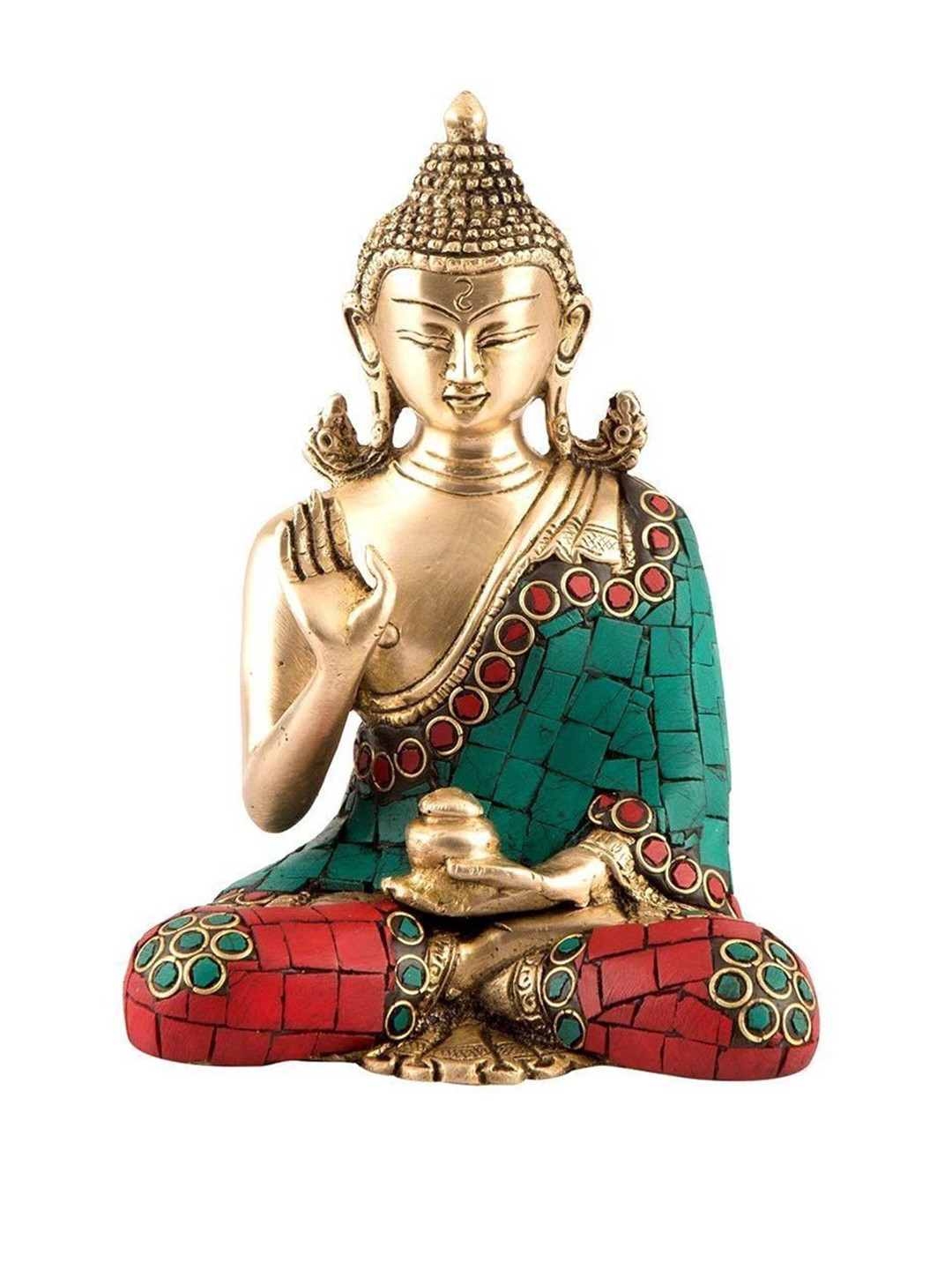 CraftVatika Thai Buddha Meditating Idol Multicoloured Brass Metallic Prayer Room Medium Showpiece - 9.5 Inches