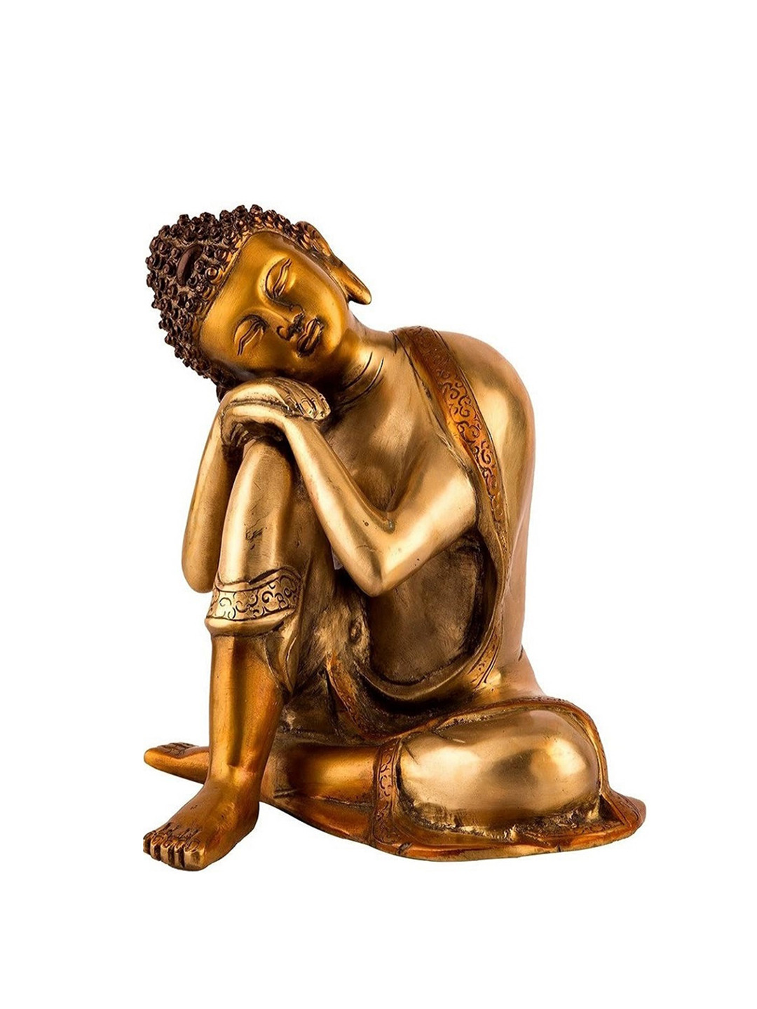 CraftVatika Thinking Resting Buddha Gold Brass Metallic Living Room Medium Showpiece - 10 Inches