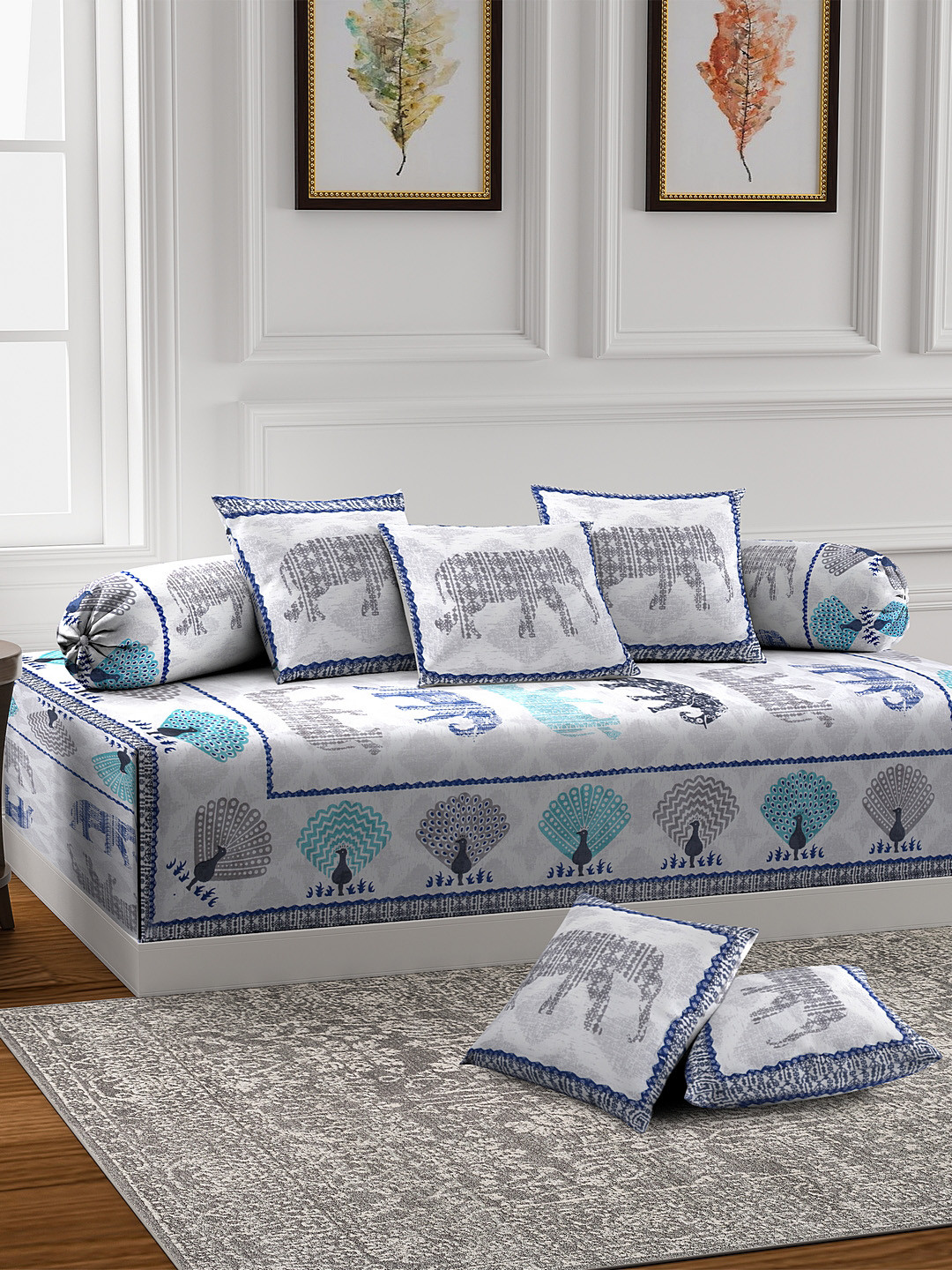 Rajasthan Decor Set of White & Blue Printed Single Bedsheet With Cushion & Bolster Covers