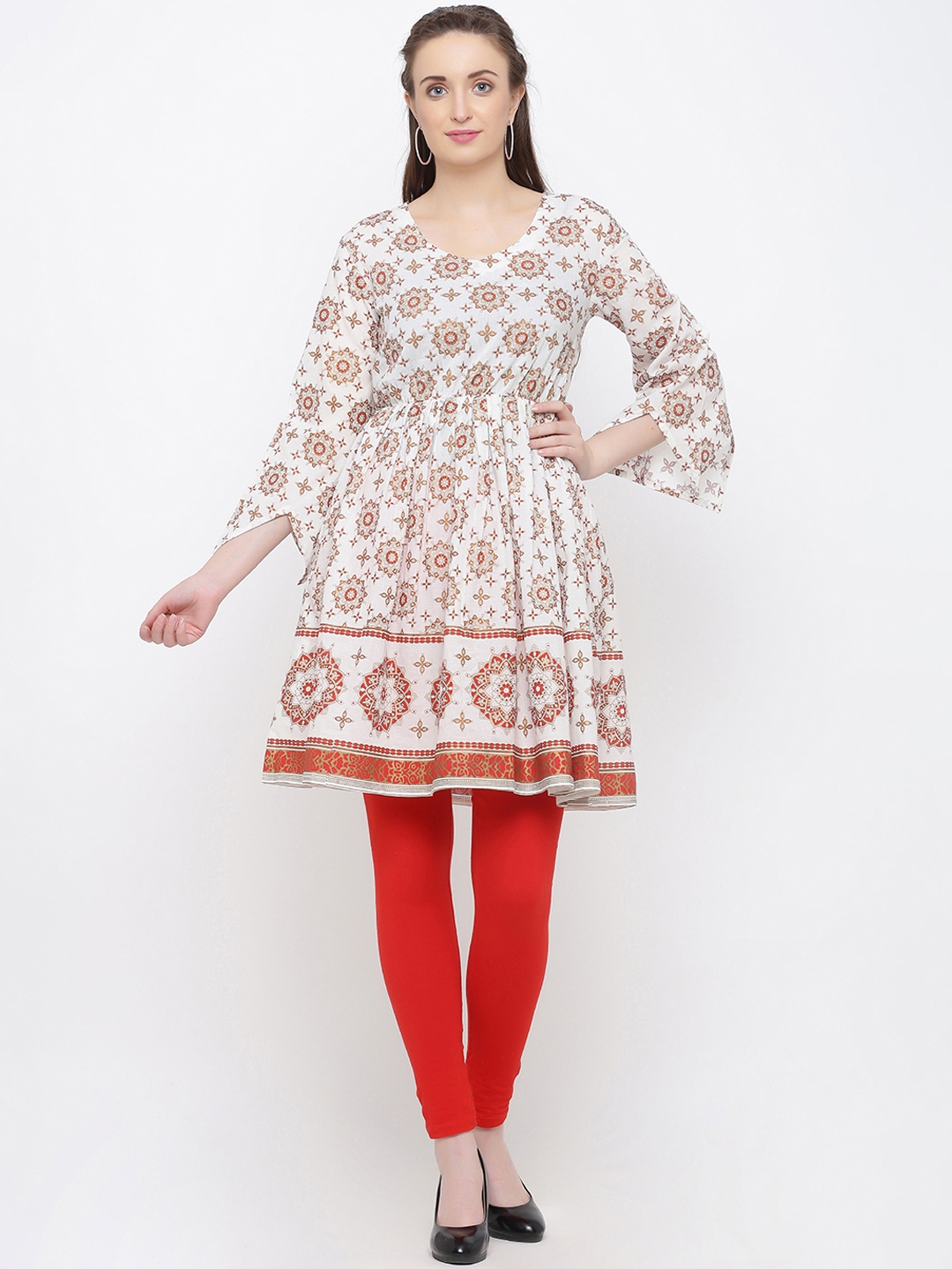 Indian Virasat Women White   Brown Floral Printed Tunic