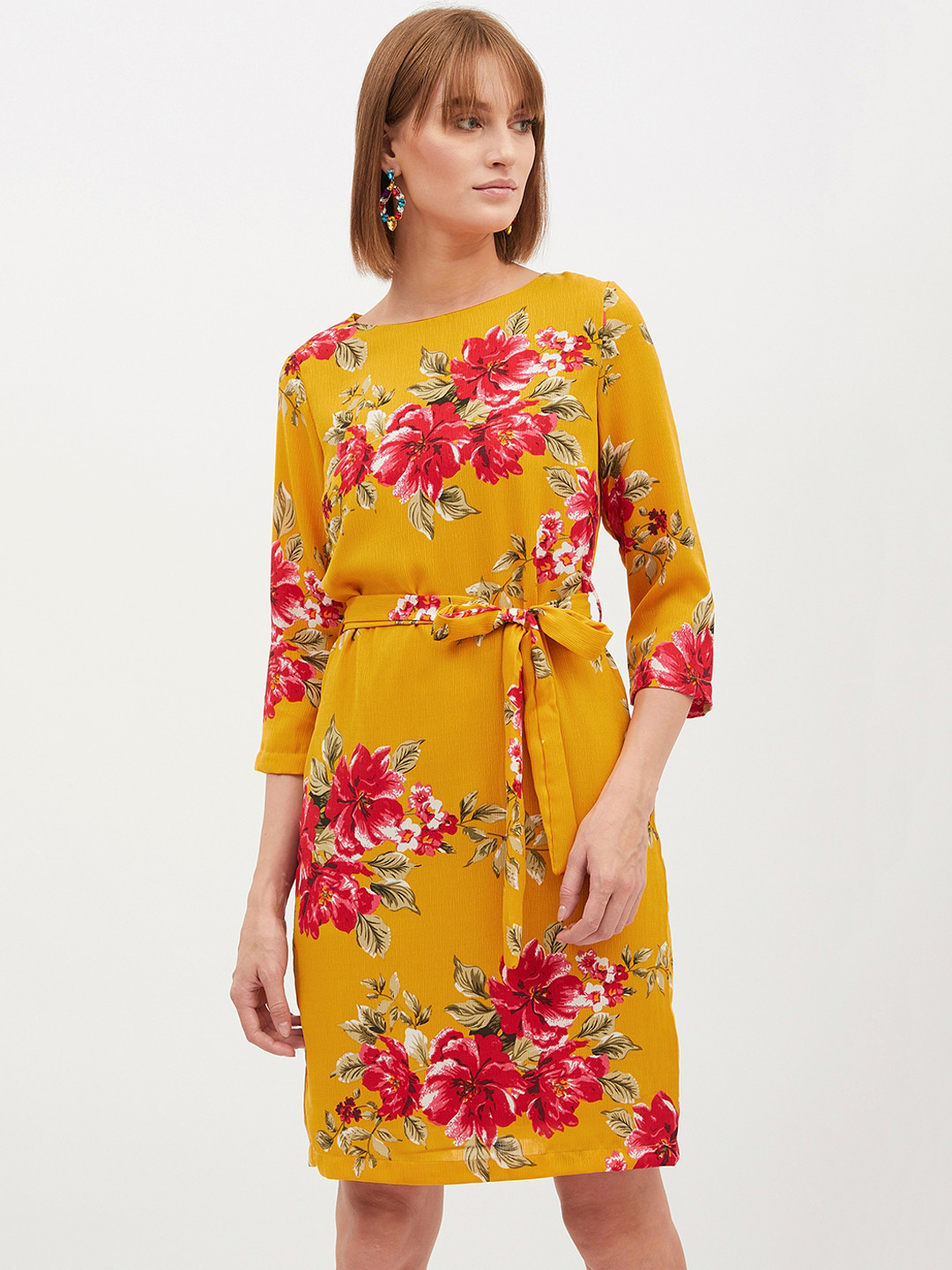 Harpa Women Mustard Yellow & Red Printed Fit and Flare Dress