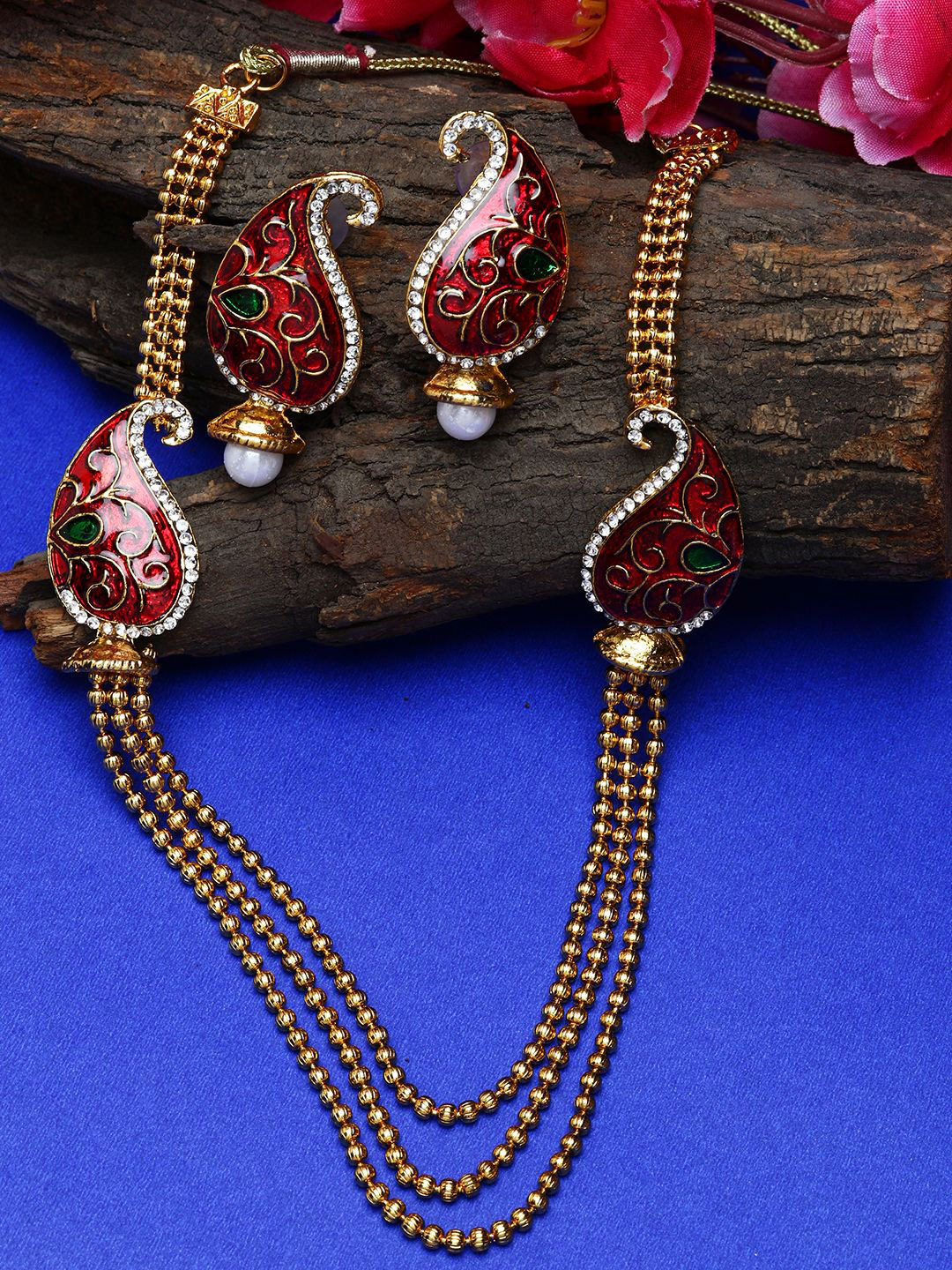 ANIKAS CREATION Gold-Plated Maroon & Green 2 Side-Carry Shape Broch Meenakari Jewellery Set