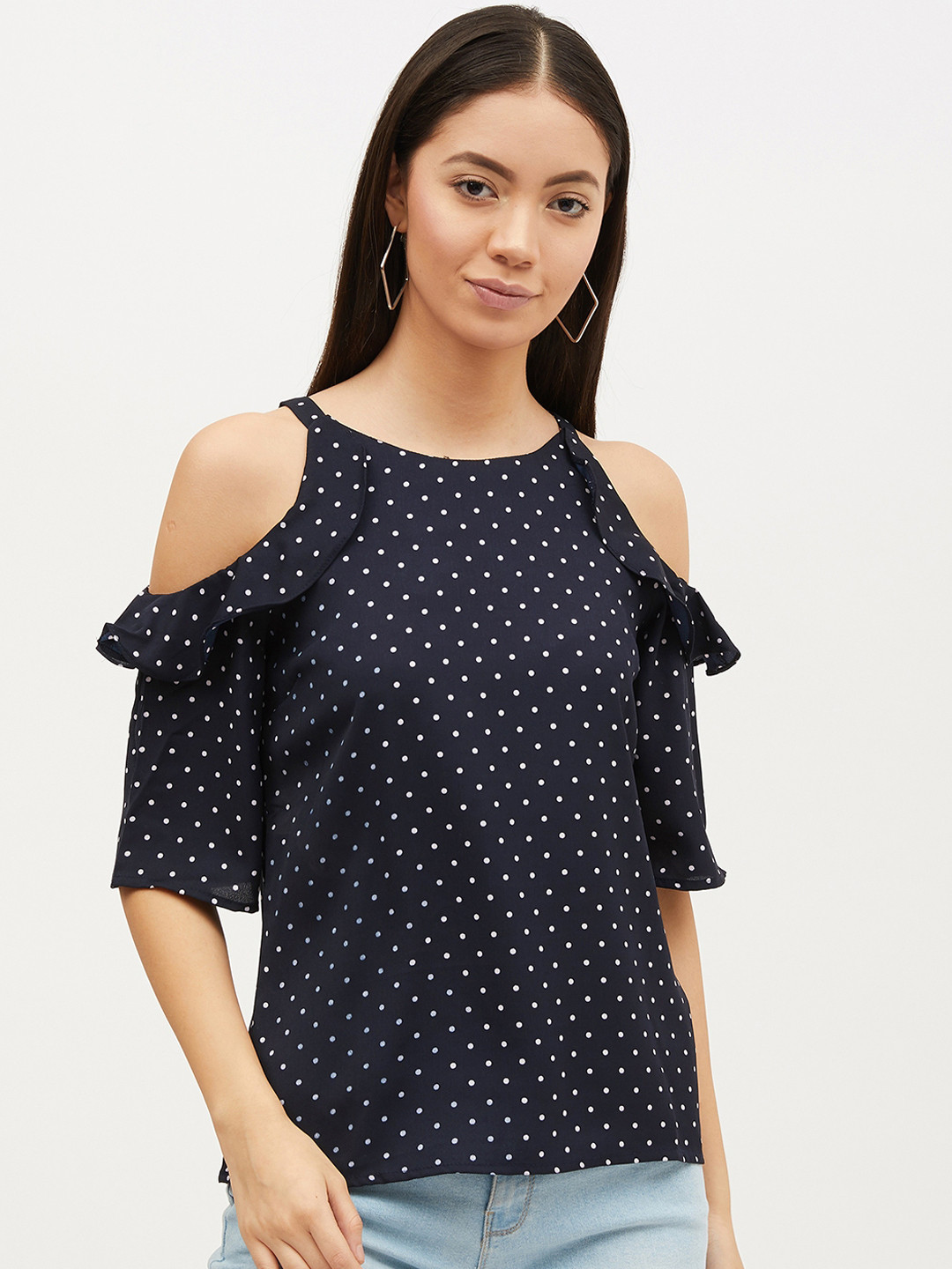 Harpa Women Navy Blue & White Polka Dots Printed Top