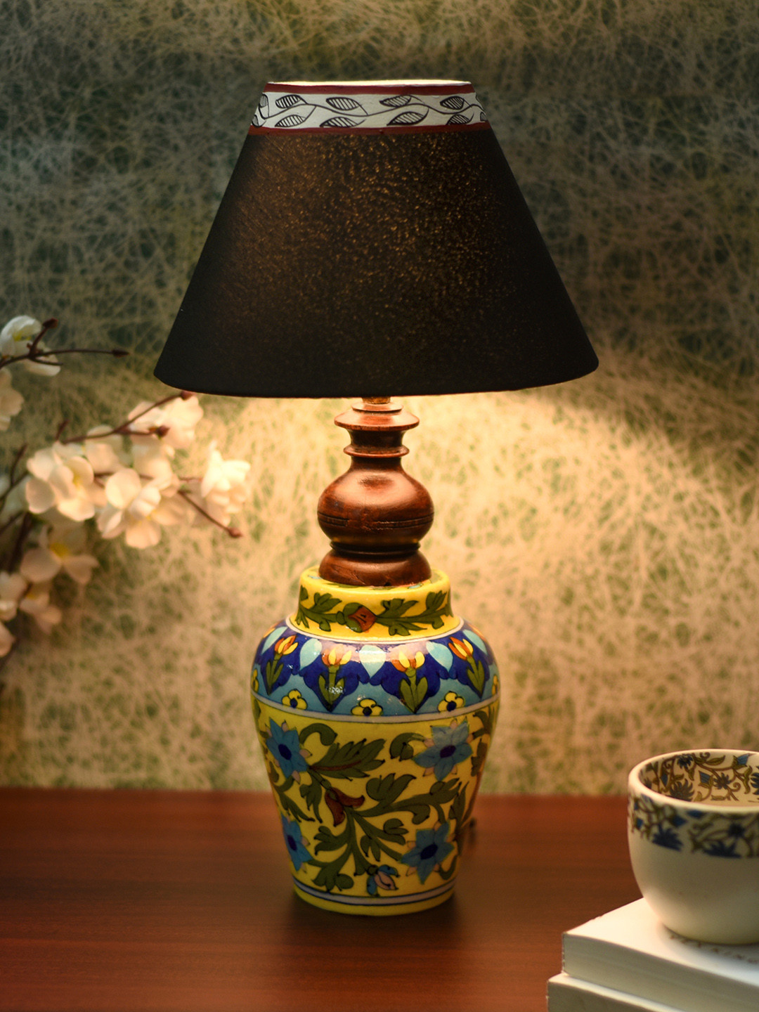 Unravel India Yellow & Blue Printed Handcrafted Mughal Art Table Lamp